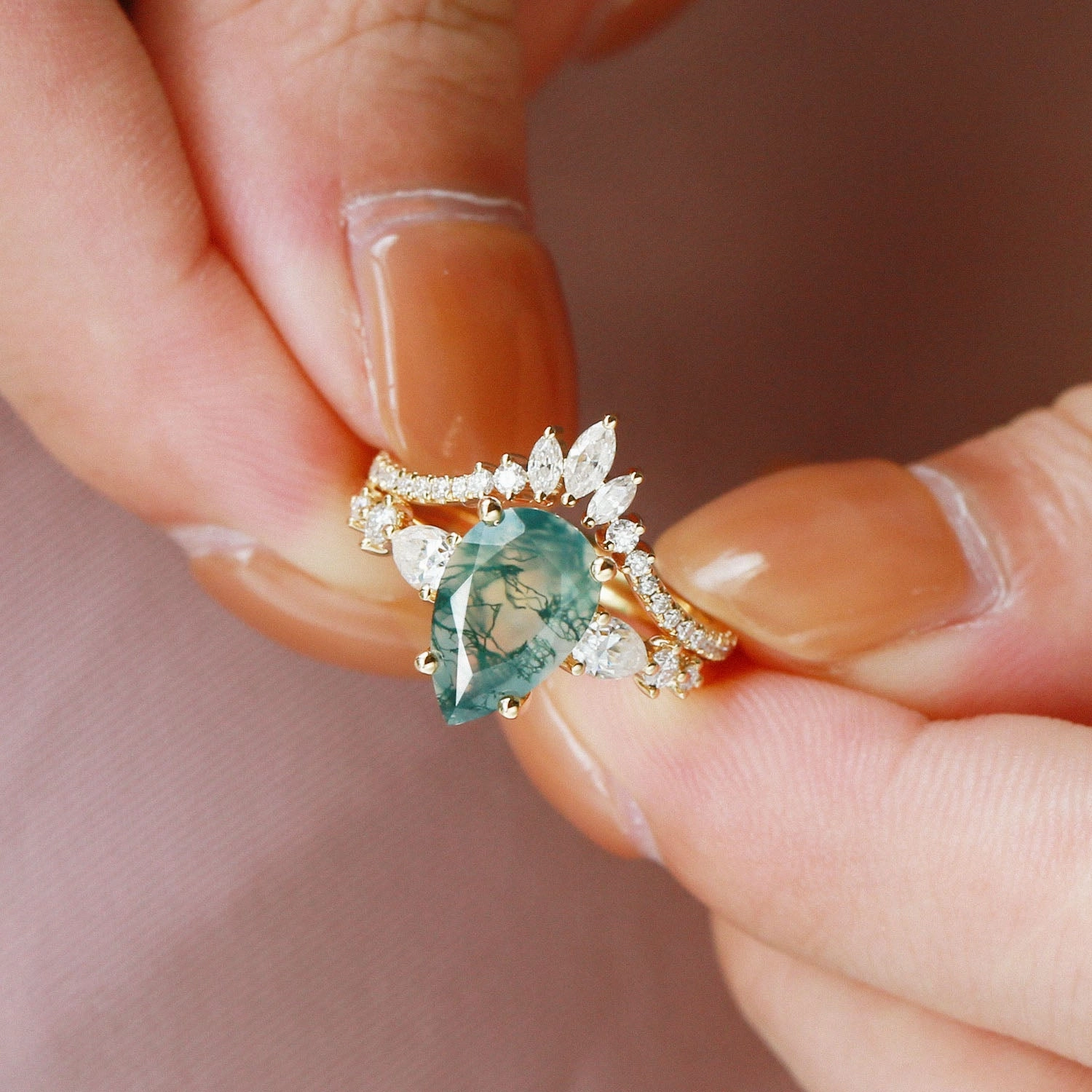 1.5ct Signature Pear Moss Agate Staccato Ring Set 2pcs - Scottie Chic Line