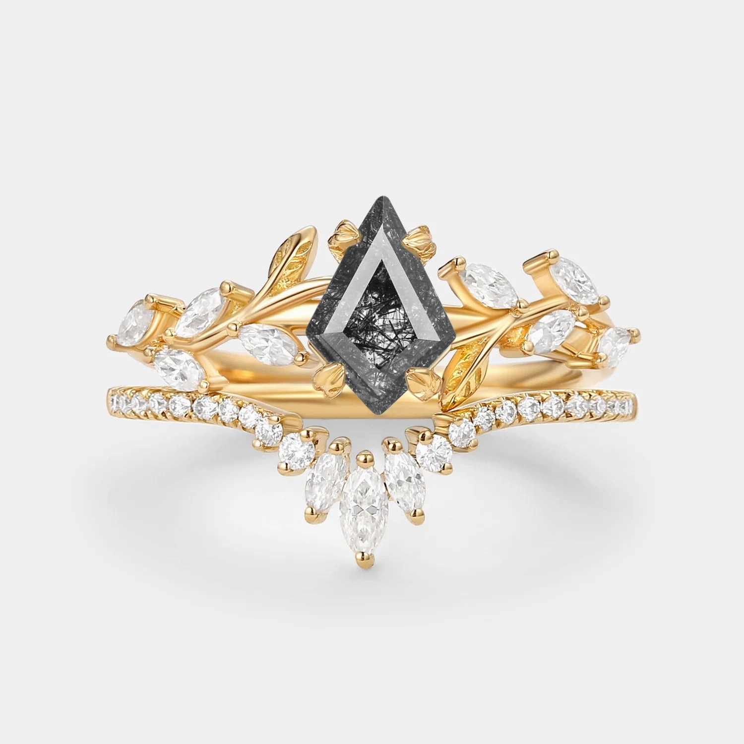 True Accent Rich Color Kite Cut Black Rutilated Quartz Leafy Engagement Ring Sets 2pcs - Dart