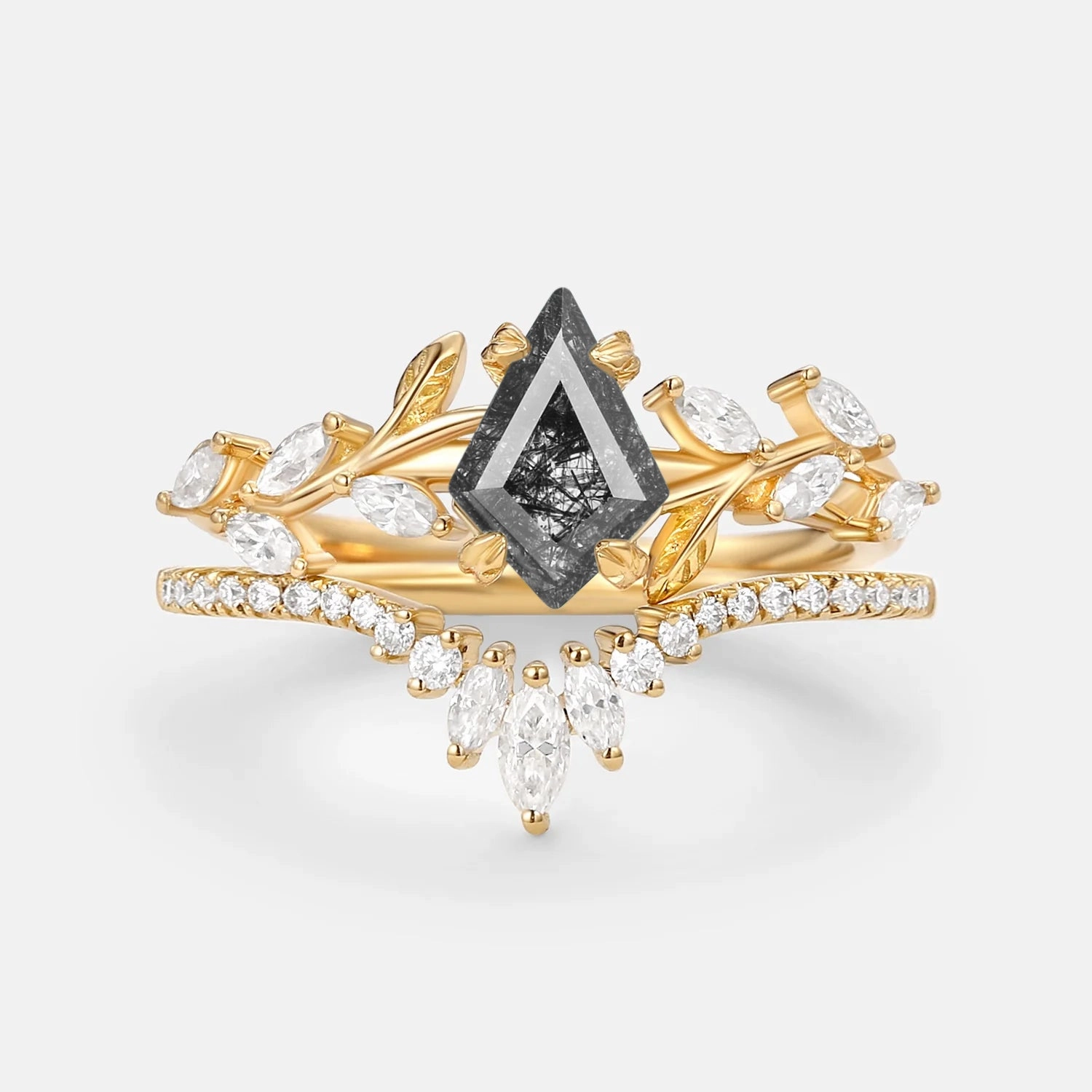 Kite Cut Black Rutilated Quartz Leafy Engagement Ring Sets 2pcs - Dart Day Vibe