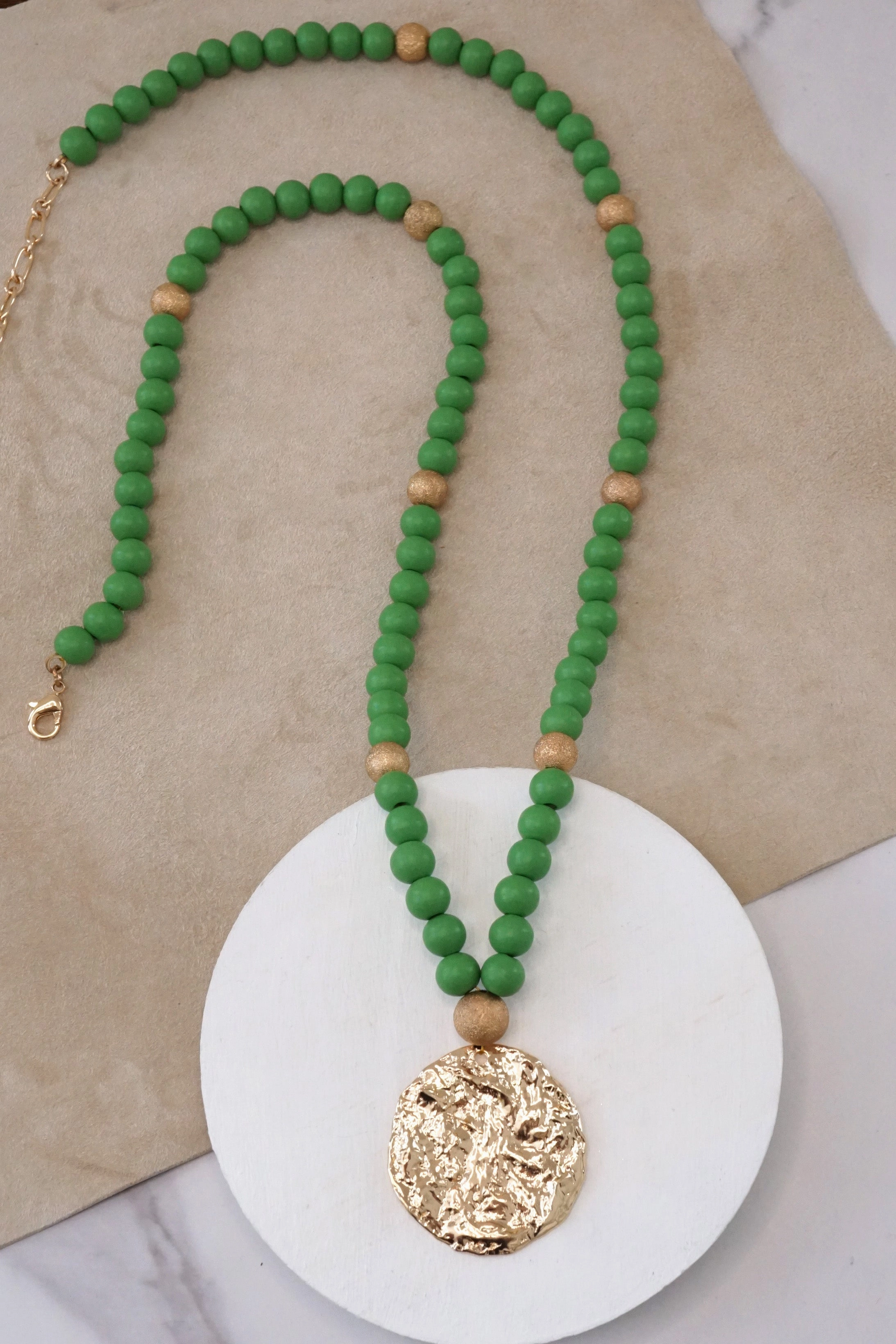 Long Wooden Bead Necklace with gold coin - Green Urban Detail