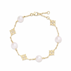 7-8" Hawaiian Quilted Star Akoya White Pearl Bracelet in Gold with Diamonds - 8mm Trend Forward