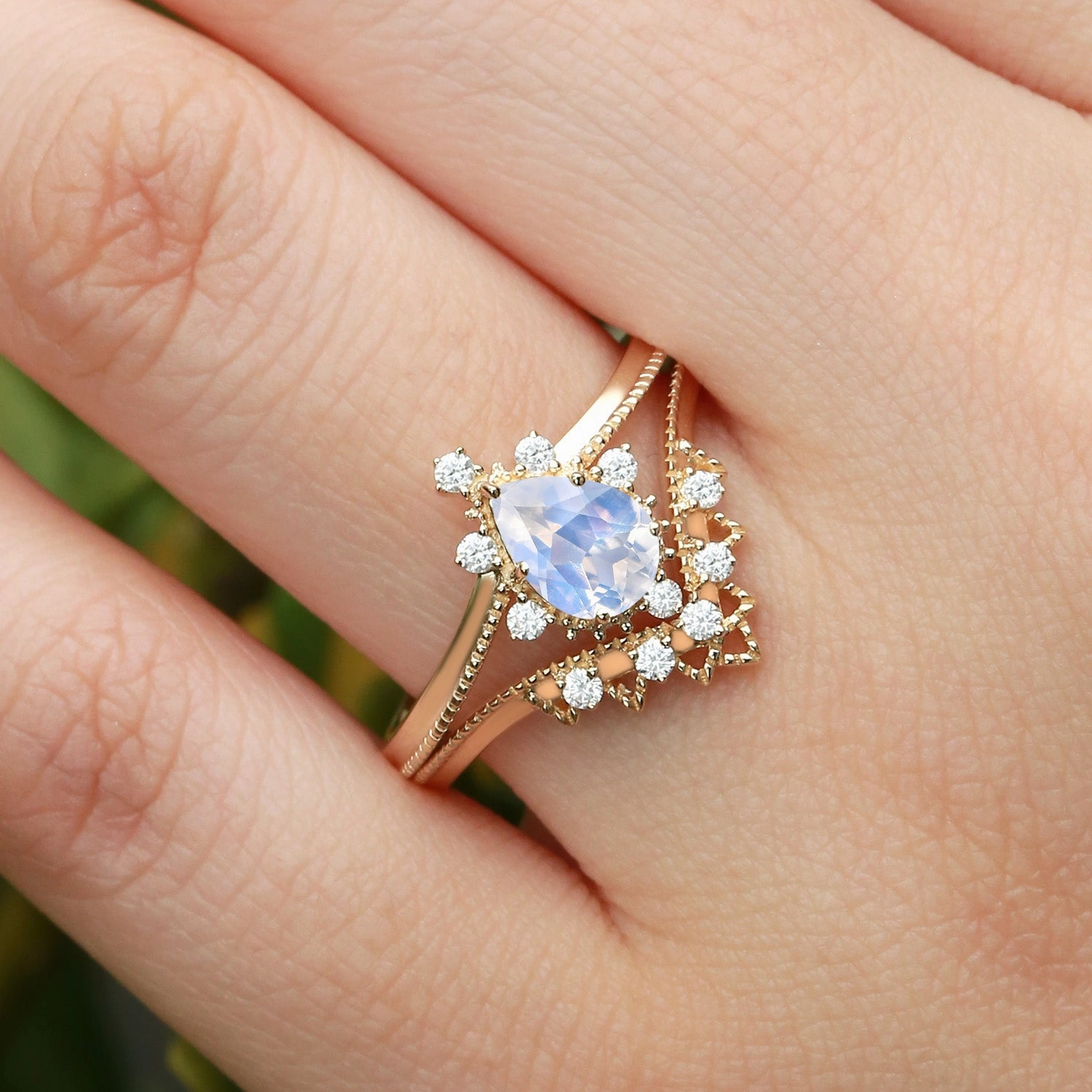 Gloss Shine Bright Glow Moonstone & Moissanite Chevron Ring Set 2pcs