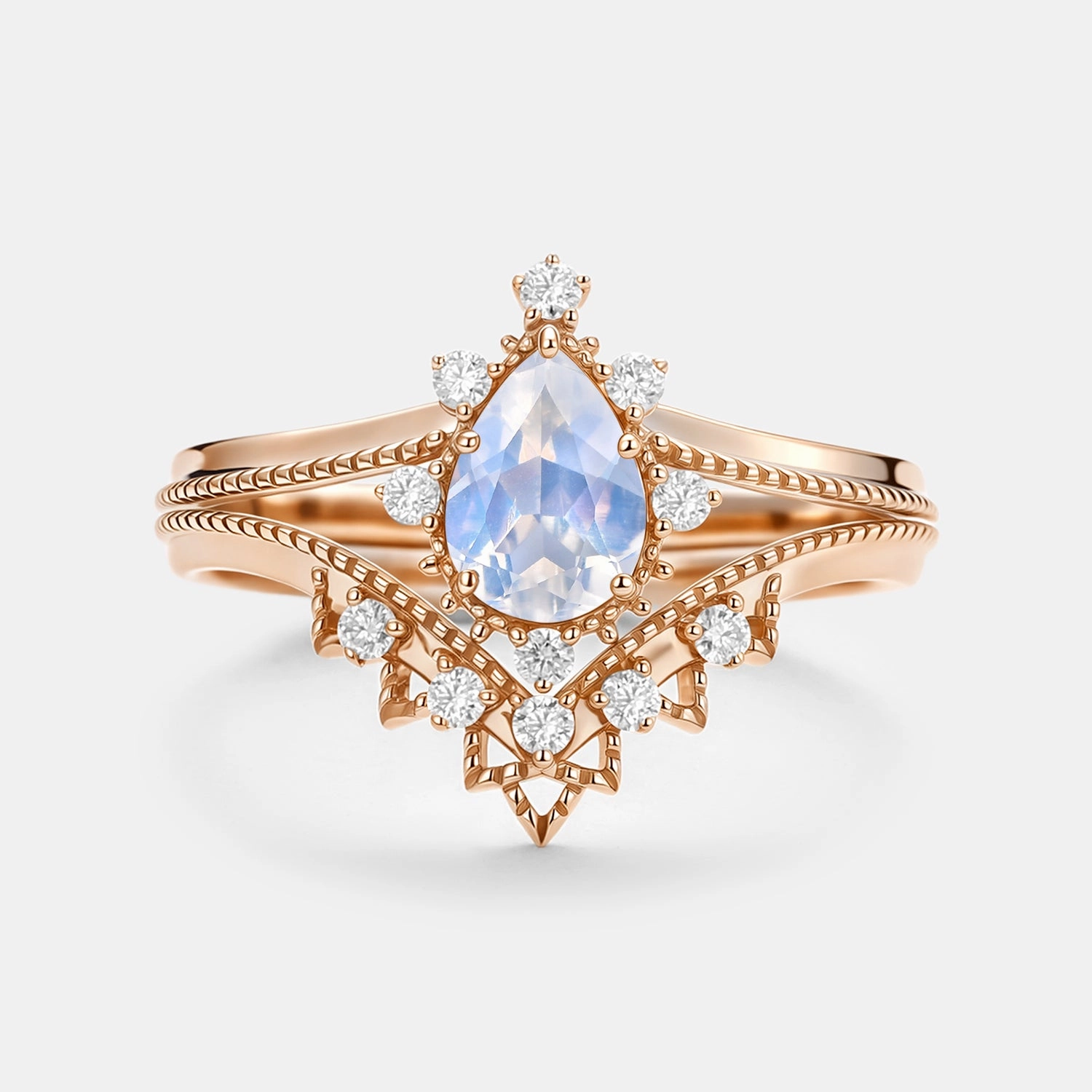 Chic Fusion Moonstone & Moissanite Chevron Ring Set 2pcs
