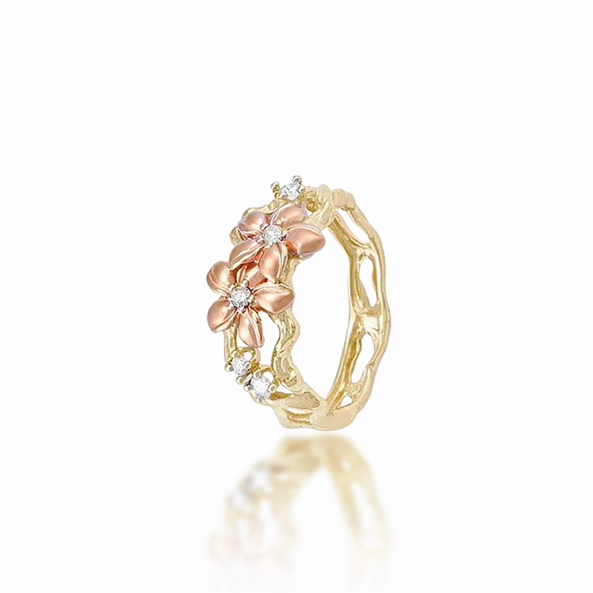 Plumeria Ring in Two Tone Gold with Diamonds - 10mm Luxe Appeal Artisan Accent