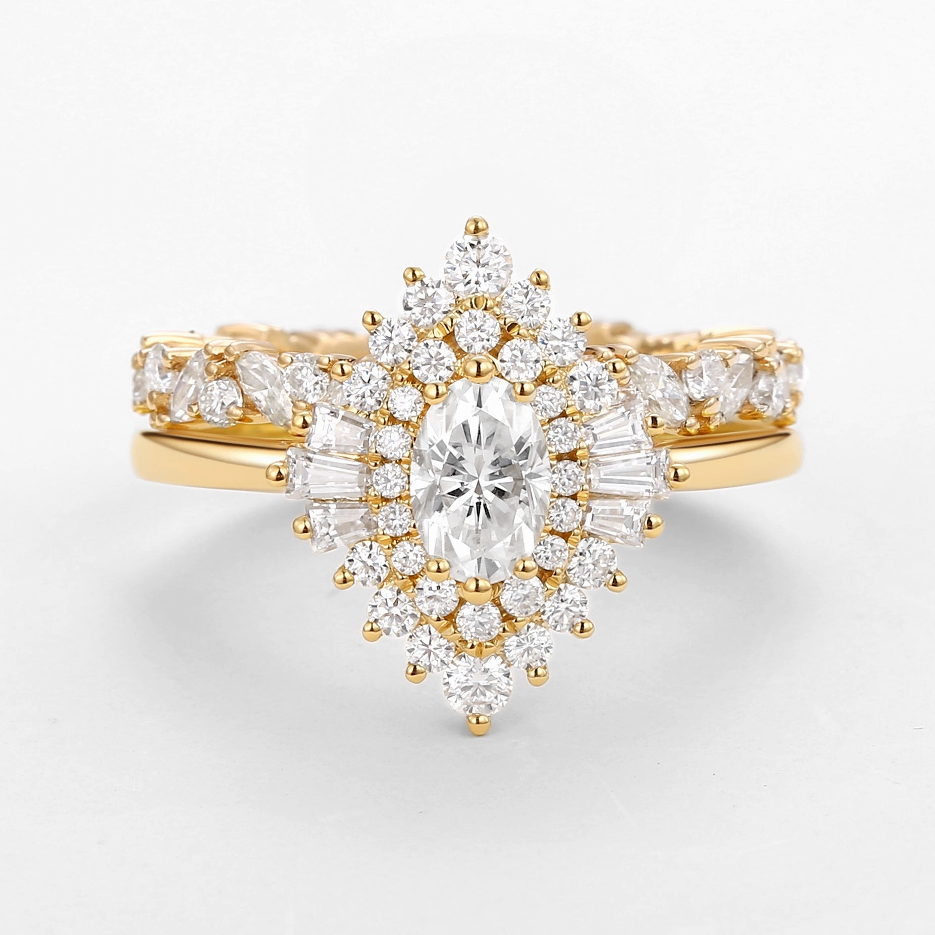 Urban Pop Oval Cut Art Deco Moissanite Minimalist Halo Ring Set 2pcs - Valerie