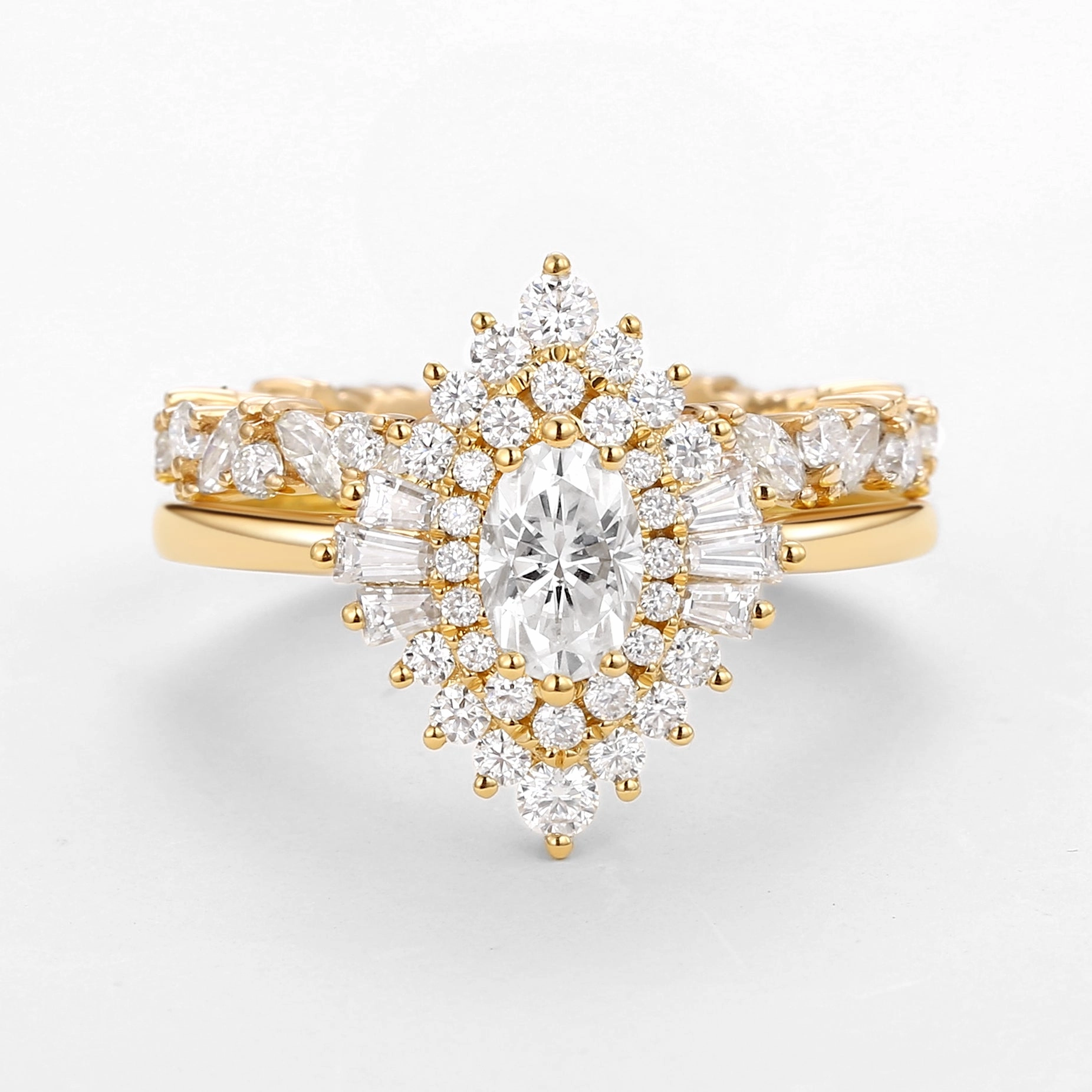 True Accent Oval Cut Art Deco Moissanite Minimalist Halo Ring Set 2pcs - Valerie