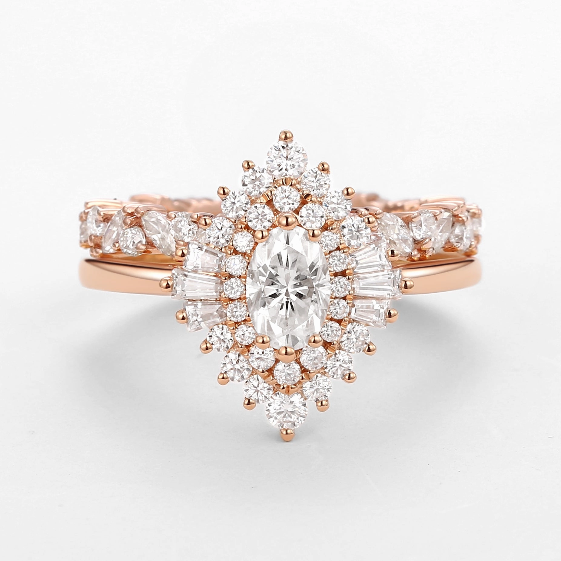 Soft Statement Oval Cut Art Deco Moissanite Minimalist Halo Ring Set 2pcs - Valerie