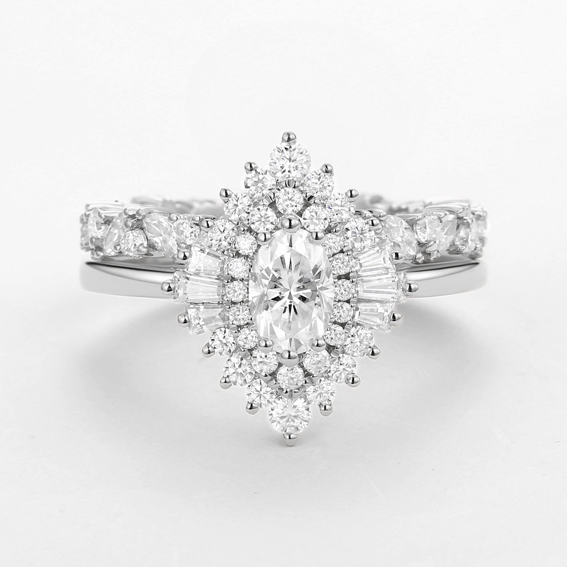 Distinctive Shine Oval Cut Art Deco Moissanite Minimalist Halo Ring Set 2pcs - Valerie