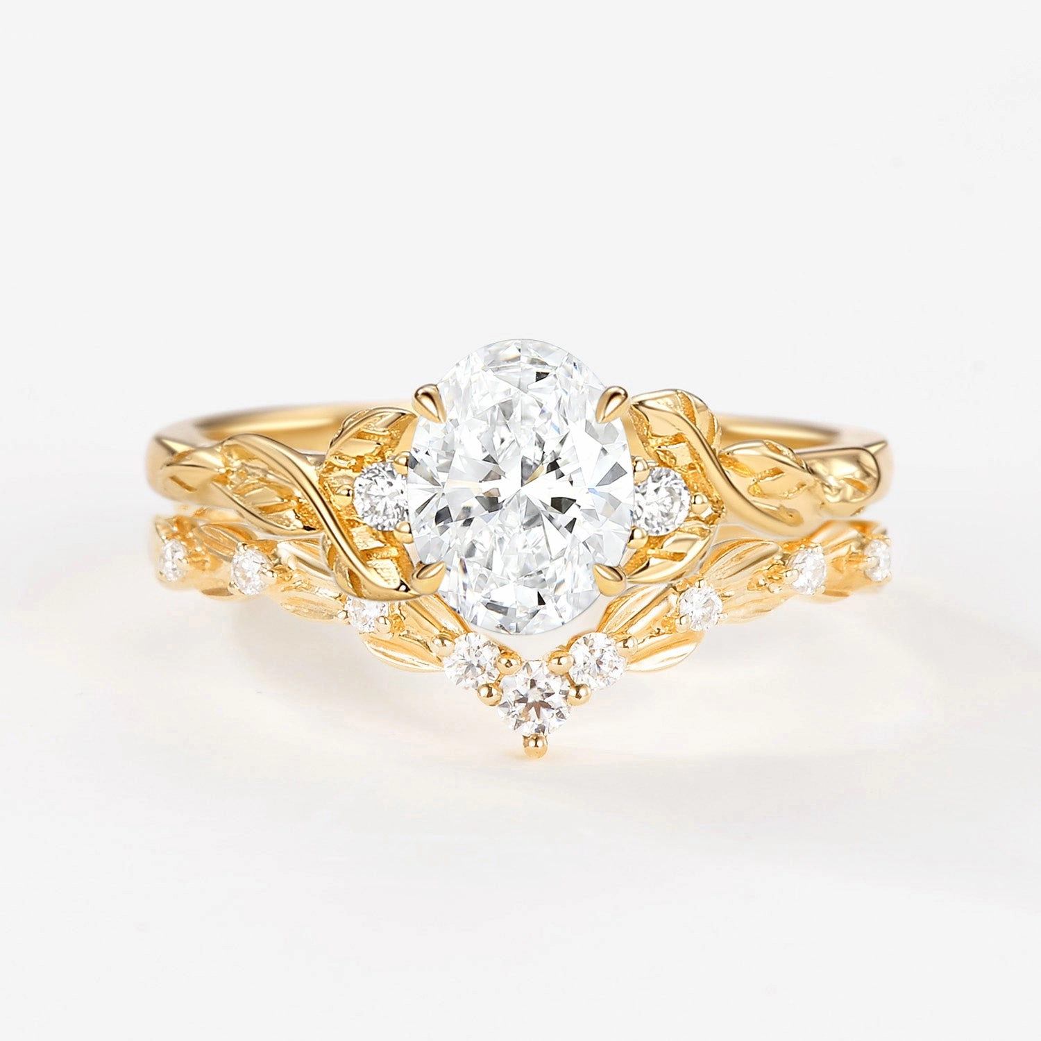 Timeless Shine Shine Stylish Fashion Vintage Leafy Oval Cut Lab Grown Diamond Leafy Ring Set 2pcs