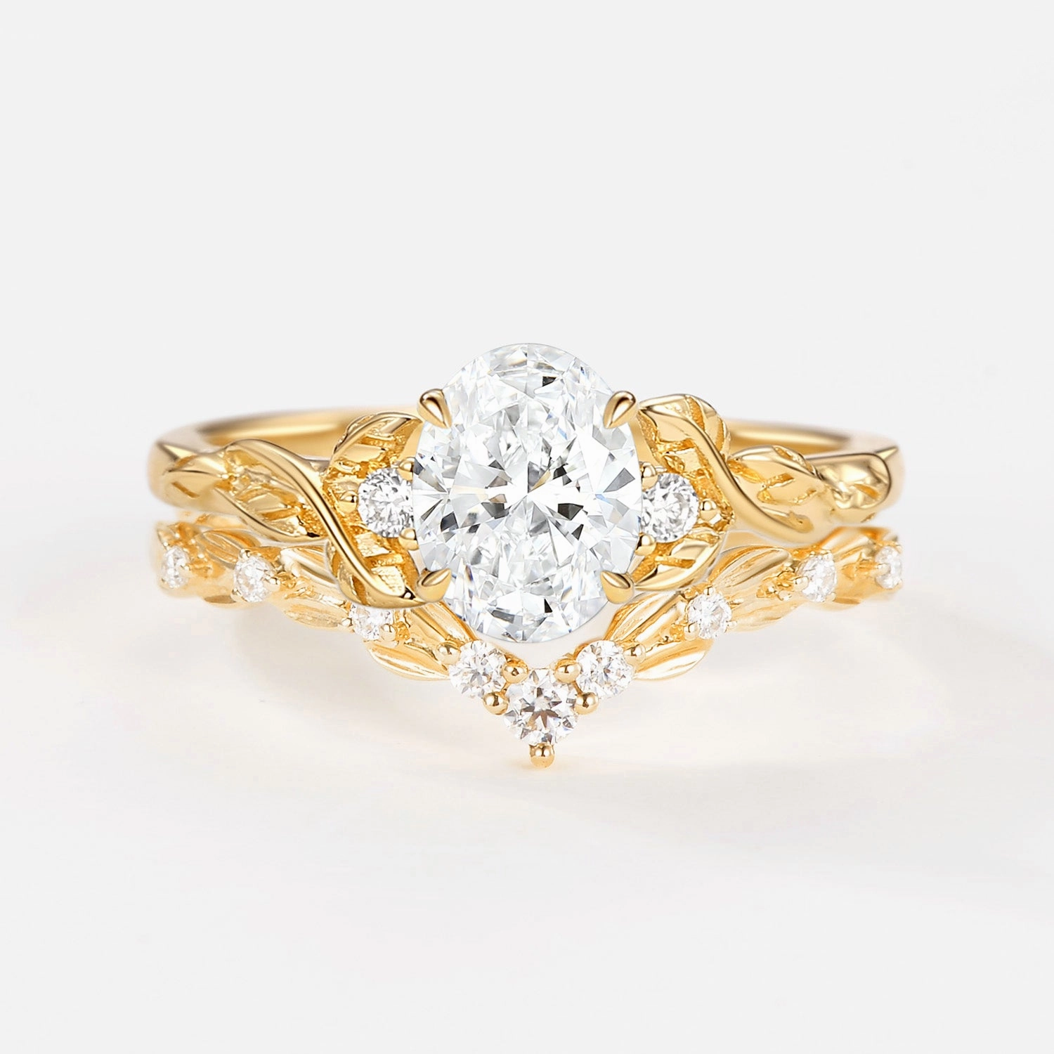 Brunch Date Trend Look Vintage Leafy Oval Cut Lab Grown Diamond Leafy Ring Set 2pcs
