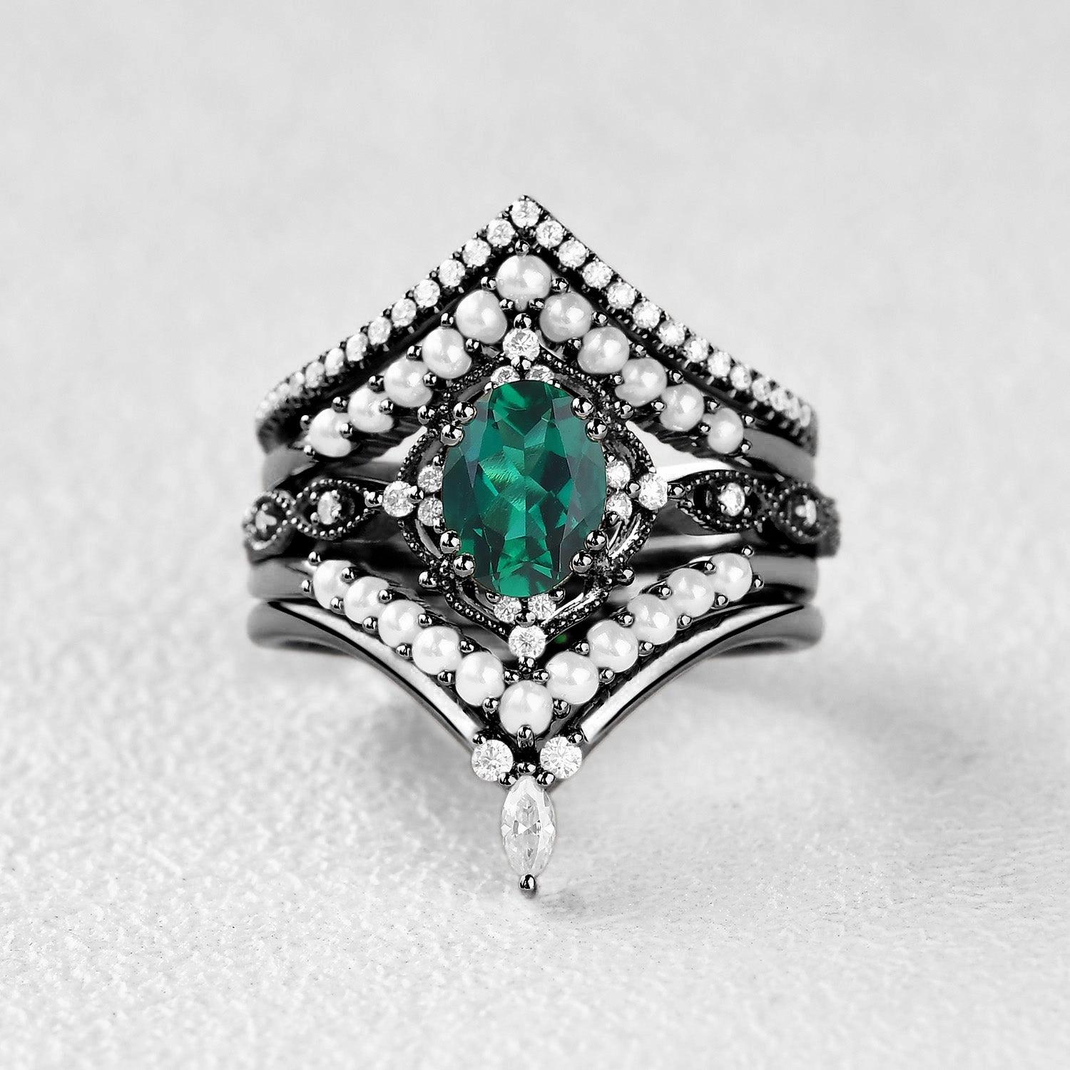 Bright Pop Black Gold Extravaganza Emerald Signature Vintage Rose Gold Ring Set 5pcs