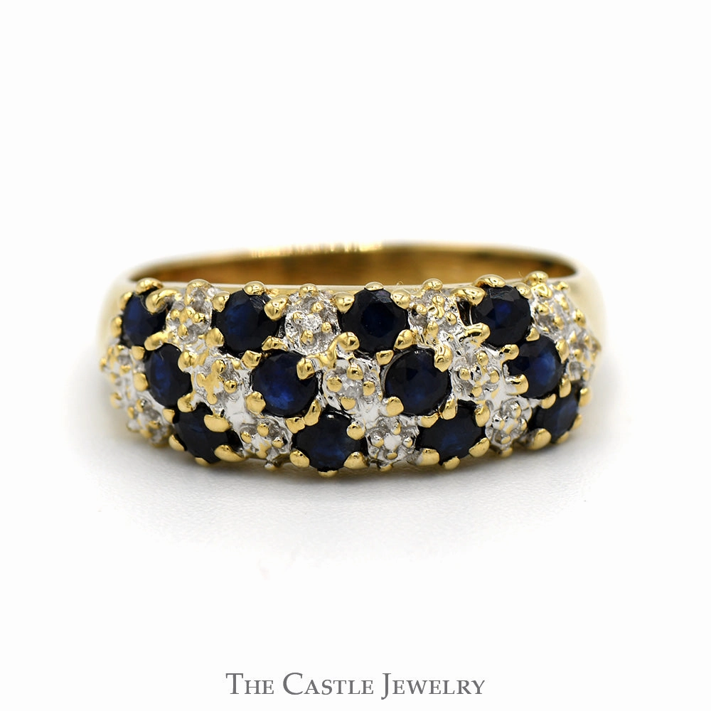 Diagonally Set Sapphire and Diamond Cluster Band Ring in 10k Yellow Gold Elegant Glow Handcrafted Gift
