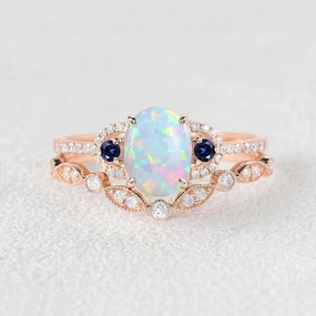 Fashion Pulse Precious Piece Vintage Oval Cut Lab Opal Yellow Gold Ring Sets 2Pcs