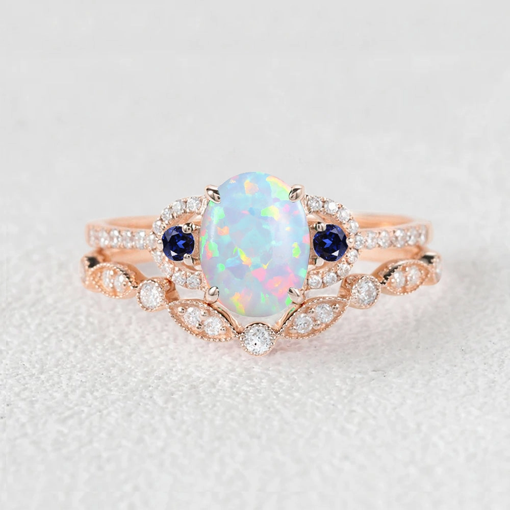 Fashion Pulse Precious Piece Vintage Oval Cut Lab Opal Yellow Gold Ring Sets 2Pcs