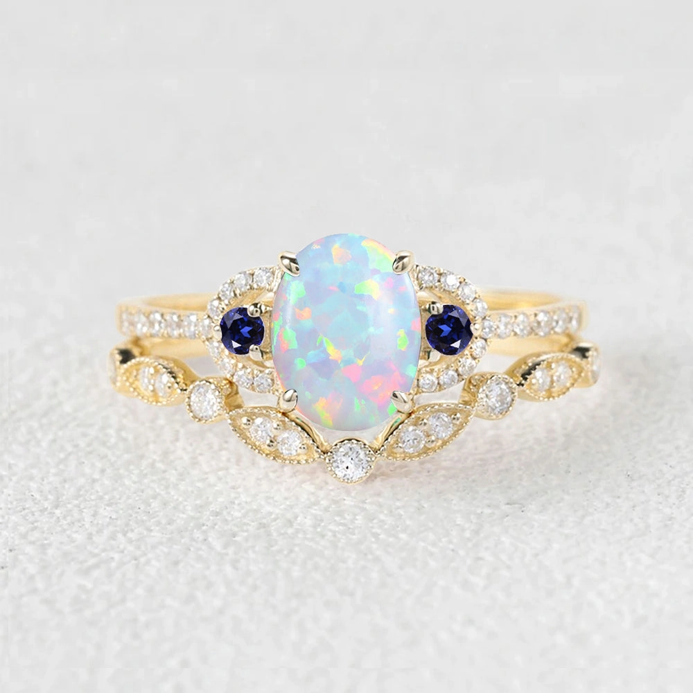 Lush Touch Vintage Oval Cut Lab Opal Yellow Gold Ring Sets 2Pcs