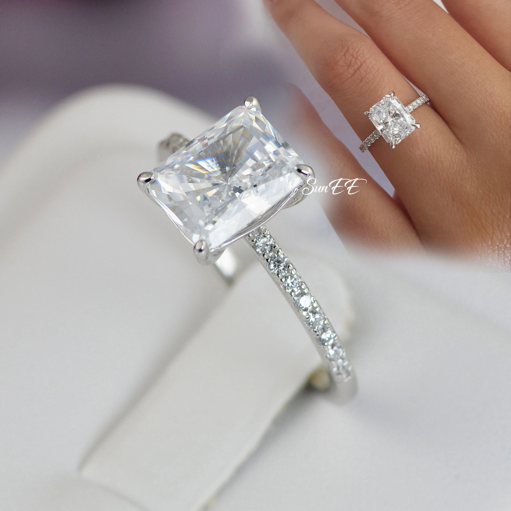 Economical Work 3.0ct Radiant Cut Bridal Wedding Engagement Ring Diamond Simulated 925 Sterling Silver Anniversary Ring SKU:00198