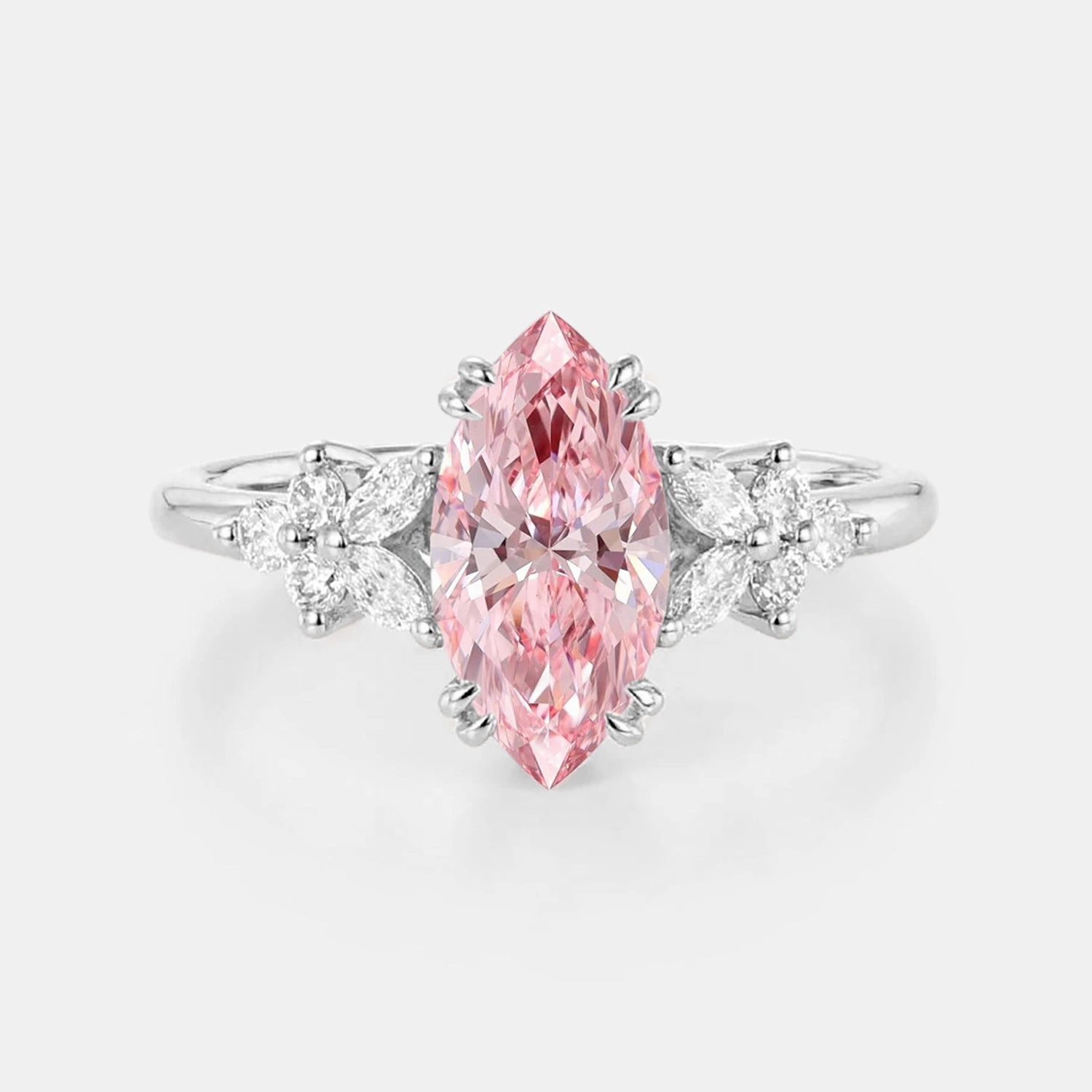 Sculpted Detail Marquise Lab Pink Diamond Cluster Engagement Ring - Arbor