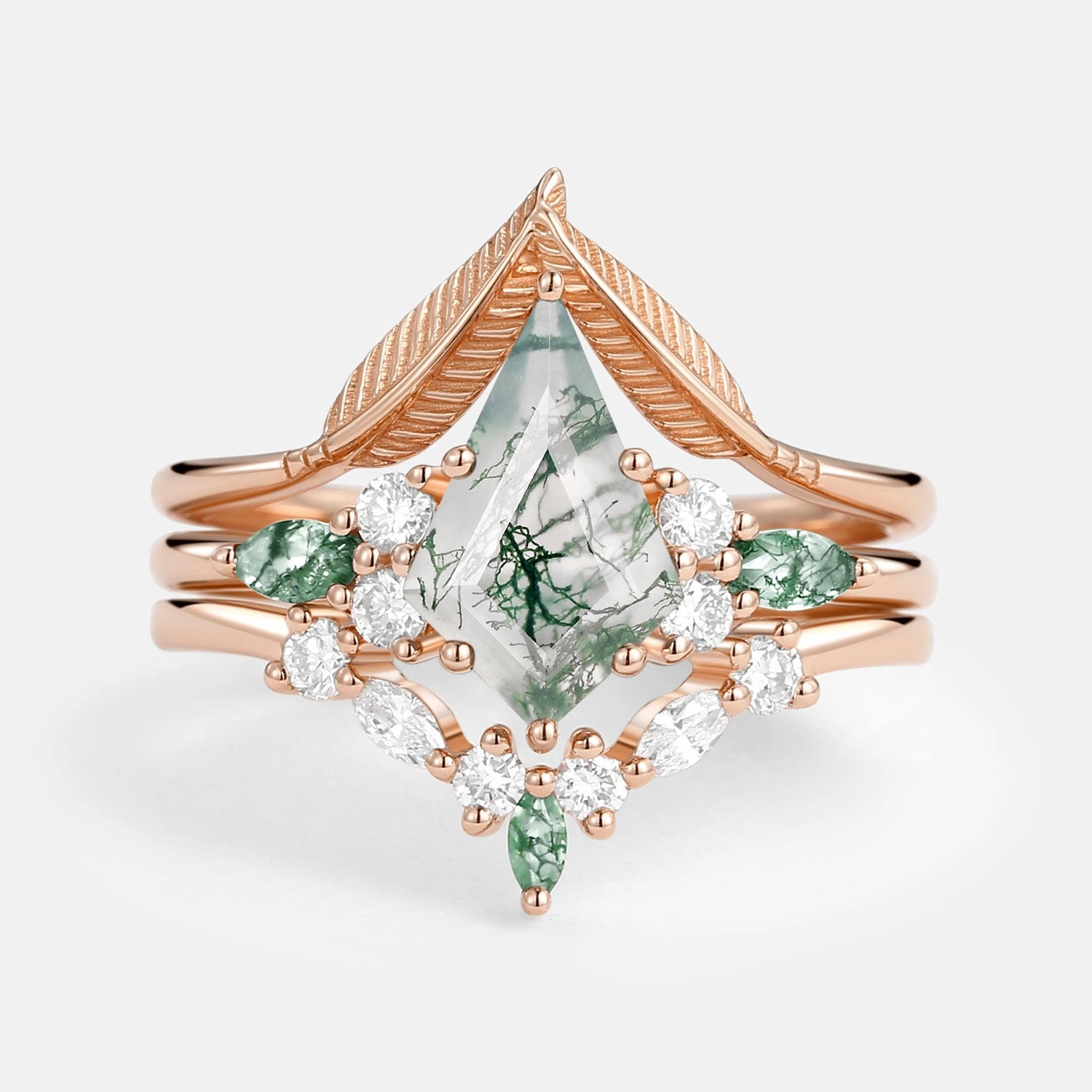 Elegant Update Playful Shine Kite Cut Green Moss Agate Three Stone Engagement Bridal Set 3pcs