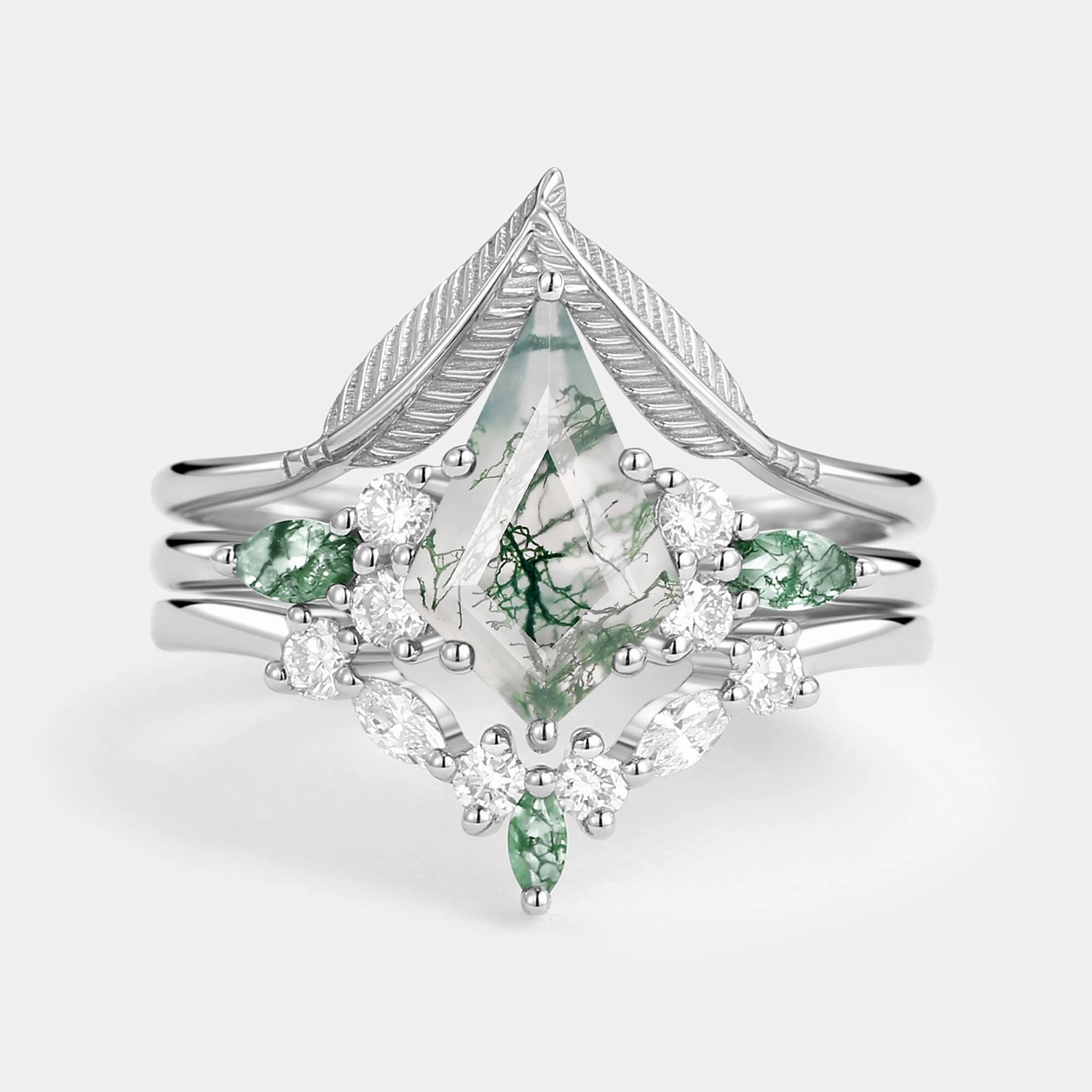 Kite Cut Green Moss Agate Three Stone Engagement Bridal Set 3pcs Vivid Charm Premium Form