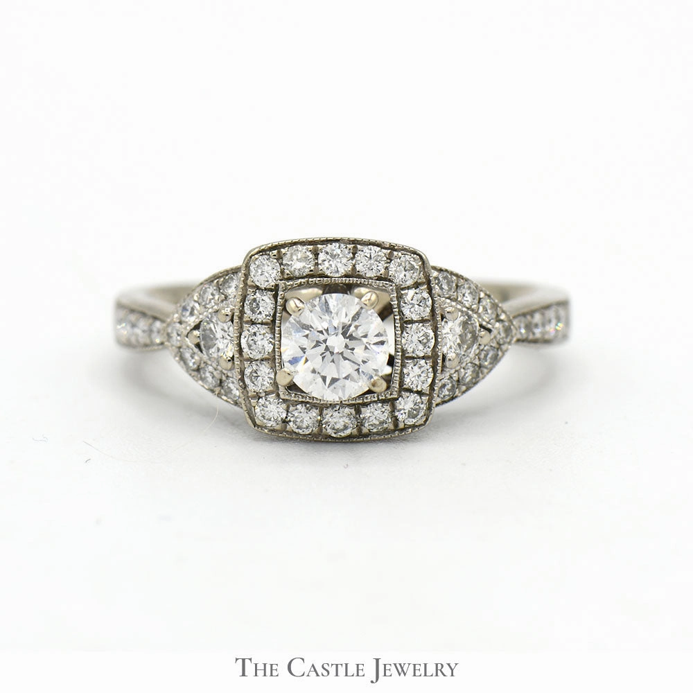 Round Diamond Engagement Ring with Square Shaped Diamond Halo and Accents in 14k White Gold Elegant Product