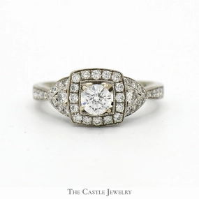 Round Diamond Engagement Ring with Square Shaped Diamond Halo and Accents in 14k White Gold Elegant Product