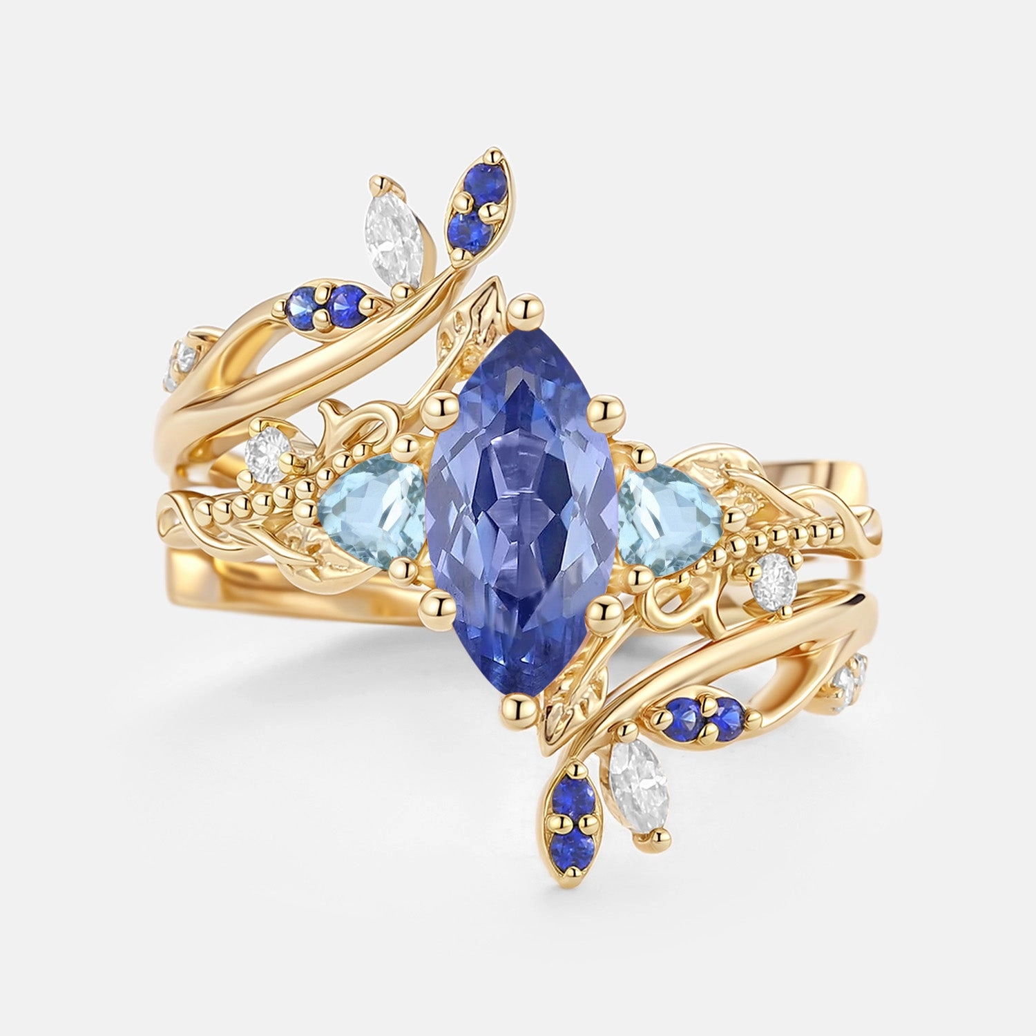 Distinctive pieces Marquise Lab Cornflower Sapphire Leafy Engagement Ring Sets 2pcs - Thistle