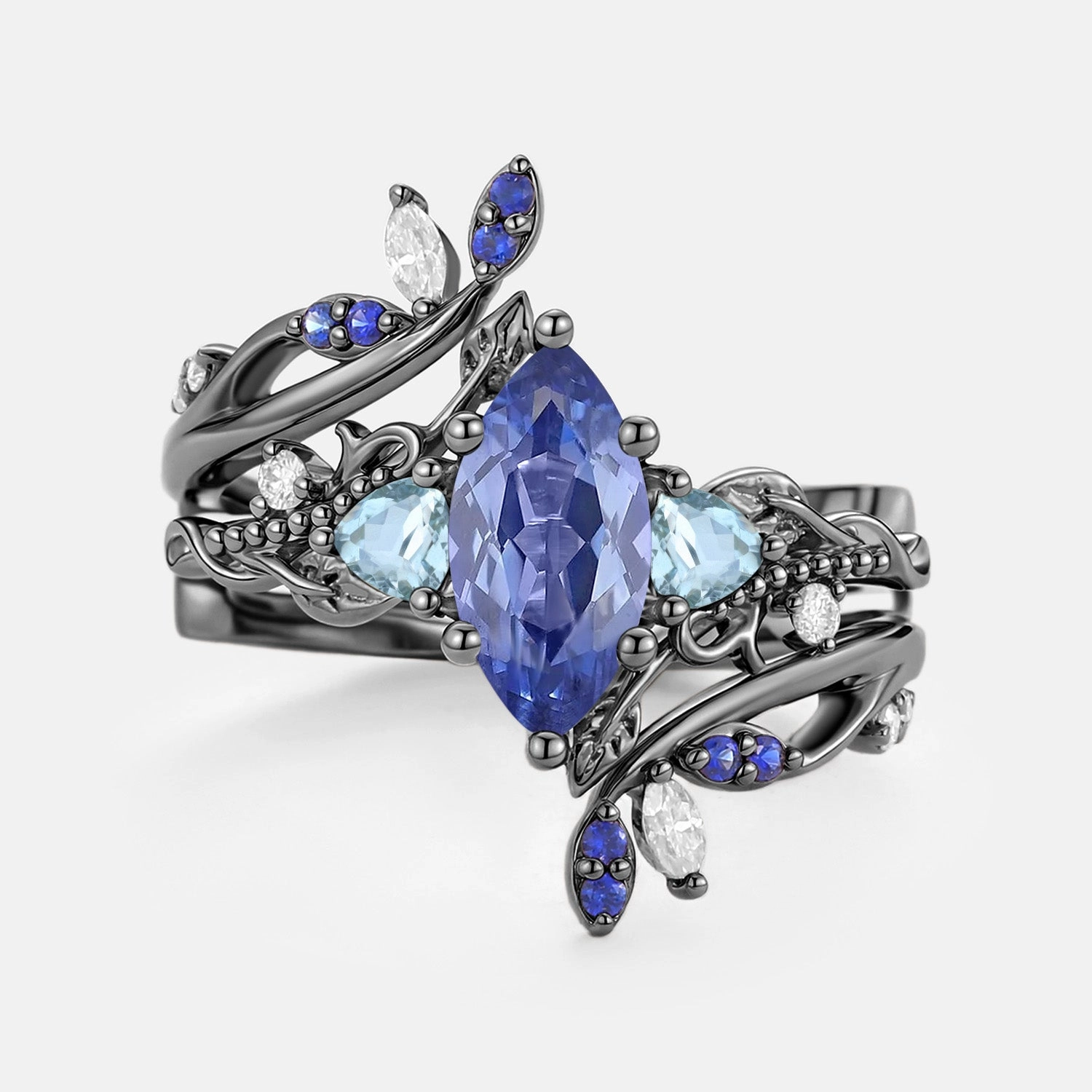 Chic Edge Marquise Lab Cornflower Sapphire Leafy Engagement Ring Sets 2pcs - Thistle