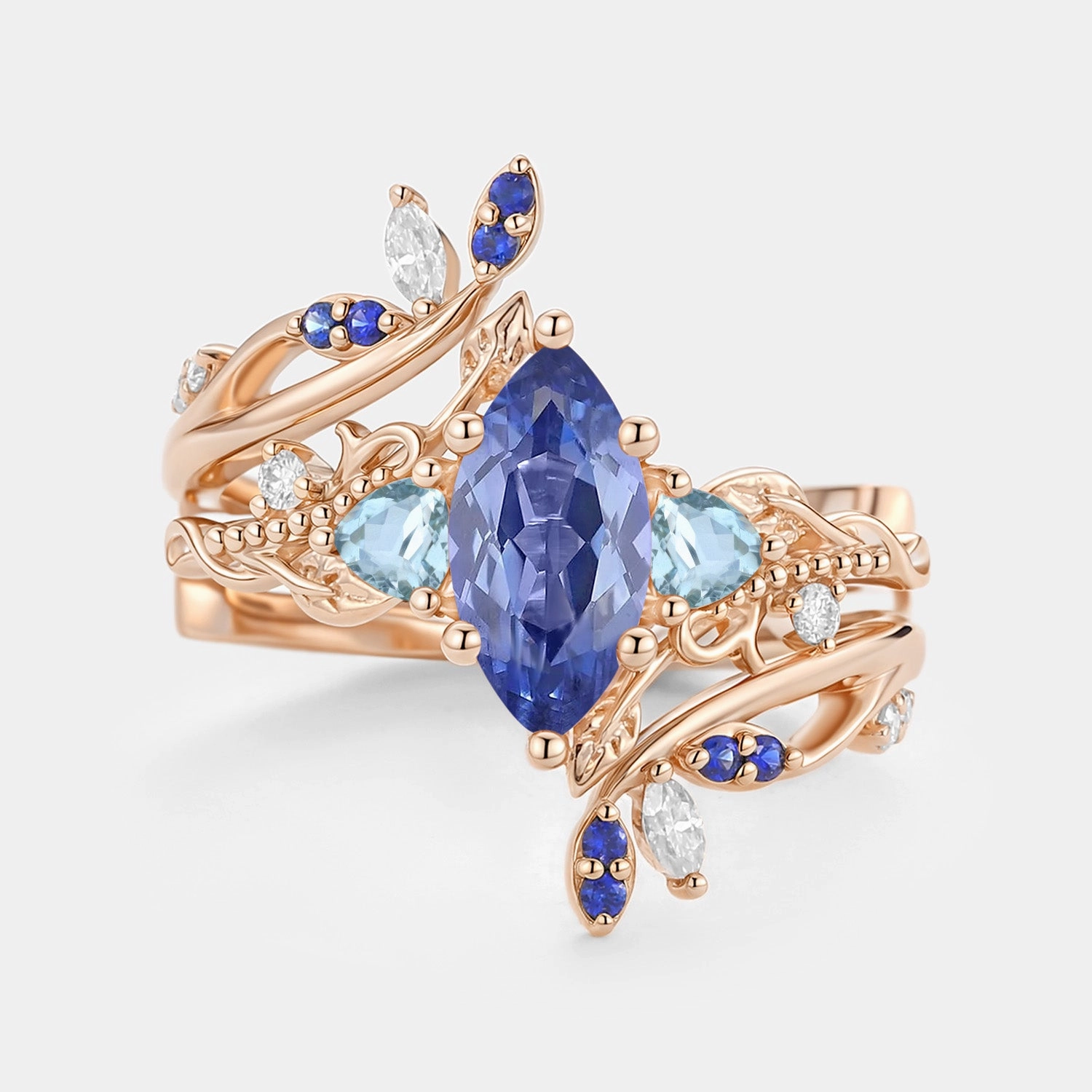 Marquise Lab Cornflower Sapphire Leafy Engagement Ring Sets 2pcs - Thistle Sophisticated Gem bright light
