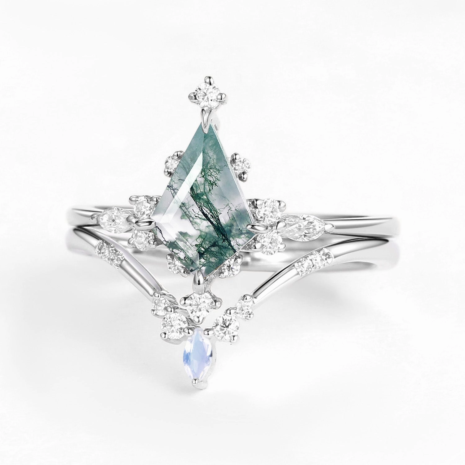 Unique Kite Cut Moss Agate & Moonstone Engagement Ring Sets 2pcs Gentle Radiance