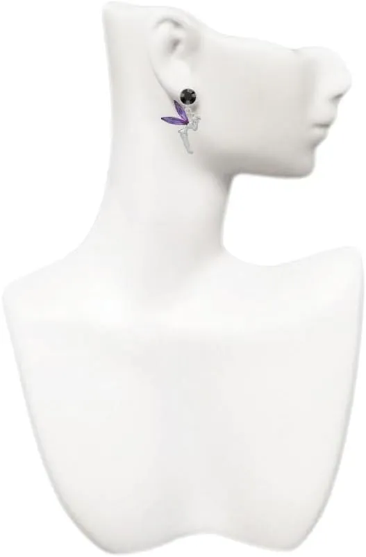 Delight Jewelry Silvertone Large Fairy with Purple Wings - Large Crystal Clip on Earrings