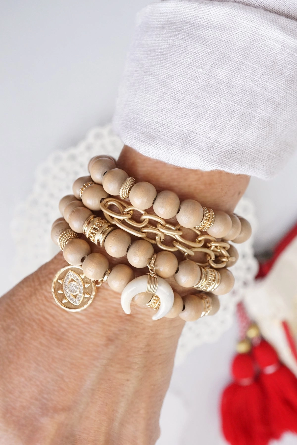 Hand Adornment Versatile Option Beaded Boho Bracelets set of 4 with Gold Coin Neutral wooden Beads and Metal chain