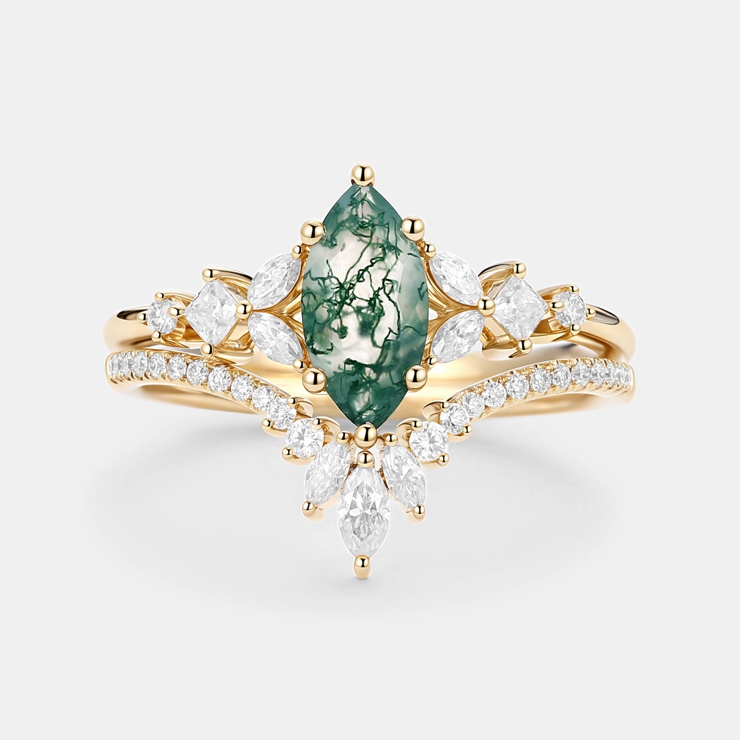 Daily Accessories Luxury Look Marquise Cut Moss Agate Cluster Engagement Ring Set 2pcs - Lumenis
