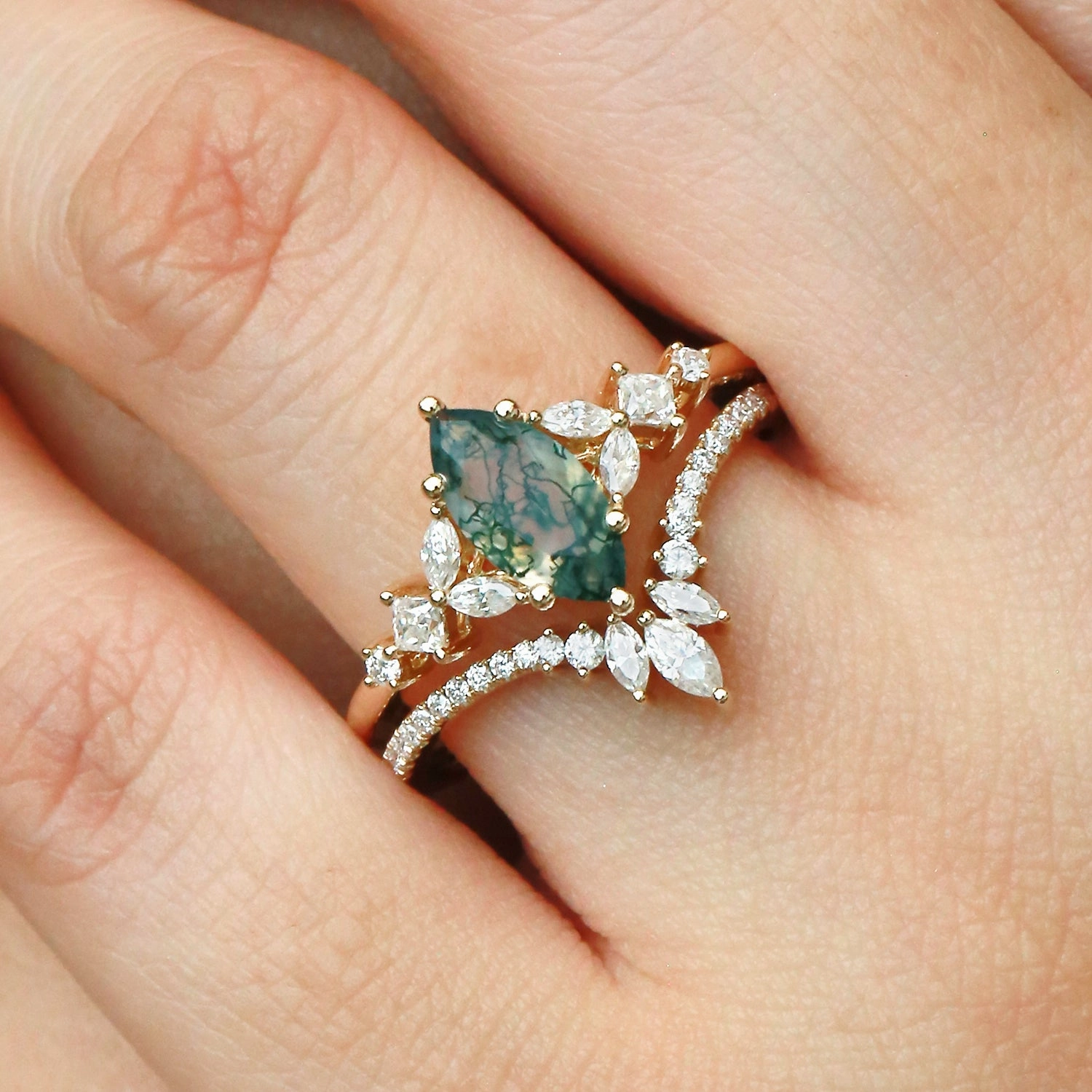 Urban Accent Marquise Cut Moss Agate Cluster Engagement Ring Set 2pcs - Lumenis