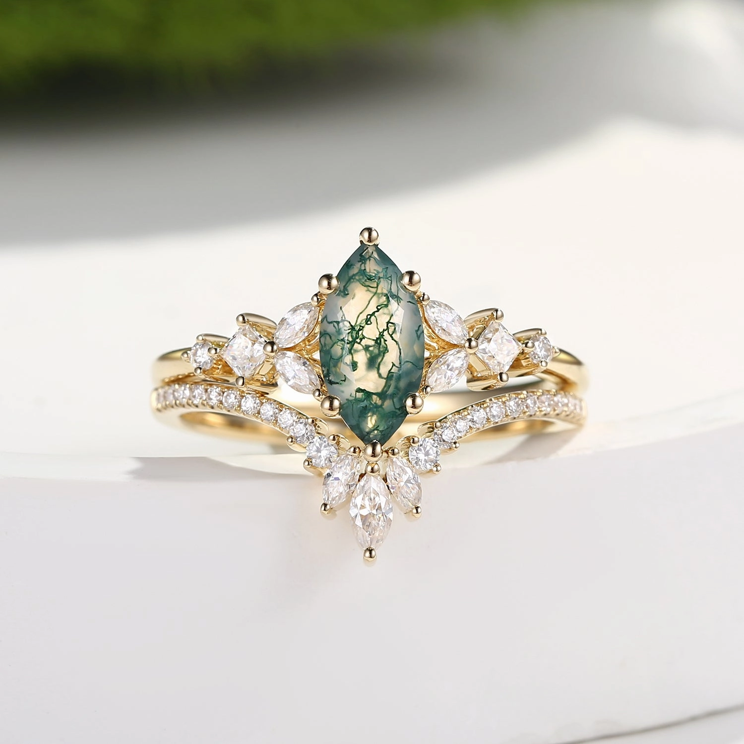 Marquise Cut Moss Agate Cluster Engagement Ring Set 2pcs - Lumenis Stylish Layer