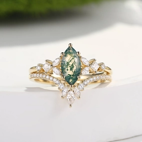 Marquise Cut Moss Agate Cluster Engagement Ring Set 2pcs - Lumenis Stylish Layer