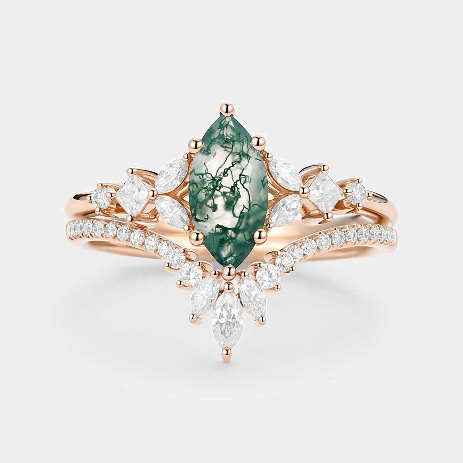 Marquise Cut Moss Agate Cluster Engagement Ring Set 2pcs - Lumenis Luxury Shine Finish