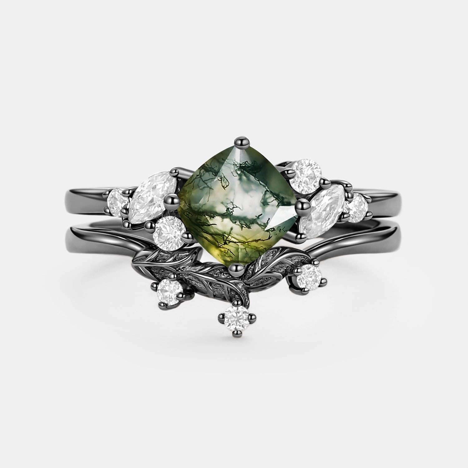 Moss Agate Cushion Cut Engagement Ring Set 2pcs - Glen Refined Highlight