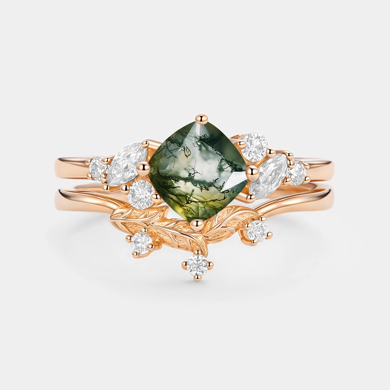 Sophisticated Design Gleaming Highlight Moss Agate Cushion Cut Engagement Ring Set 2pcs - Glen