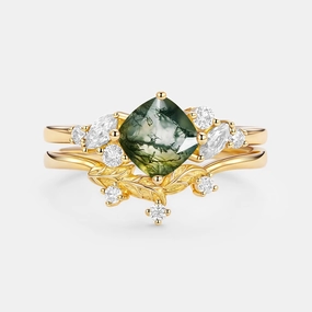 Moss Agate Cushion Cut Engagement Ring Set 2pcs - Glen Radiant Glam Sparkle Surface