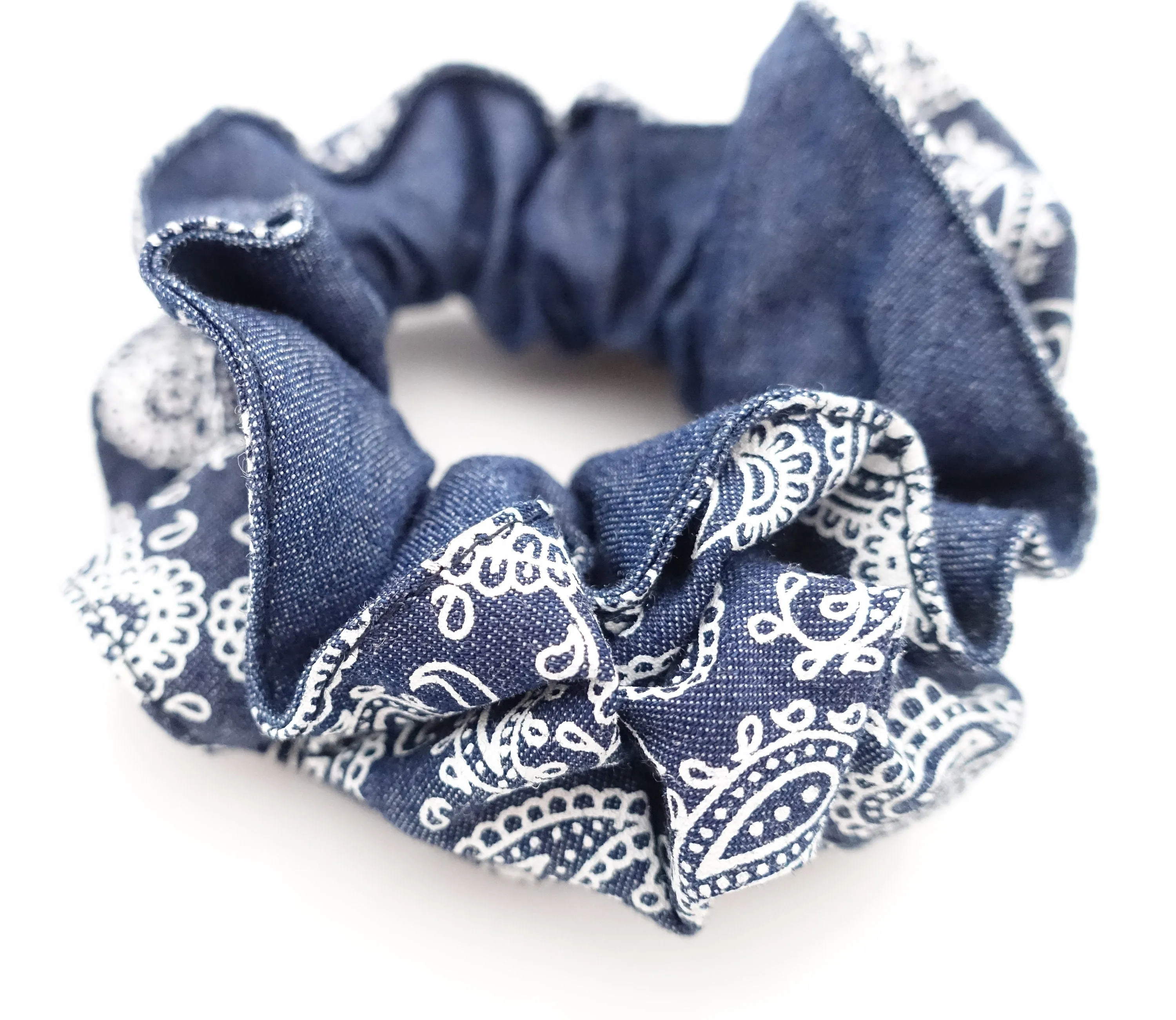 denim edge trim pattern print scrunchy cotton hair scrunchies for women