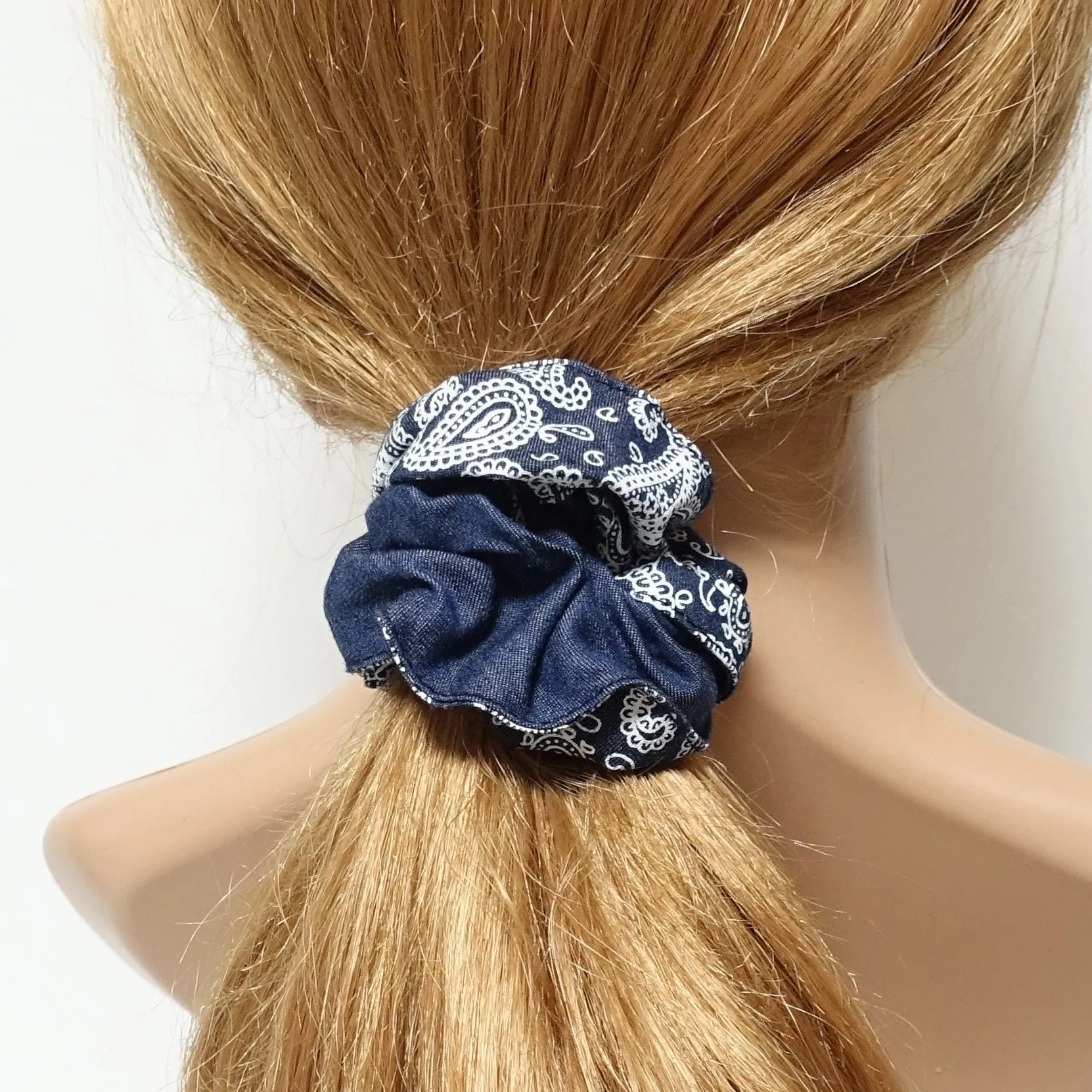 denim edge trim pattern print scrunchy cotton hair scrunchies for women