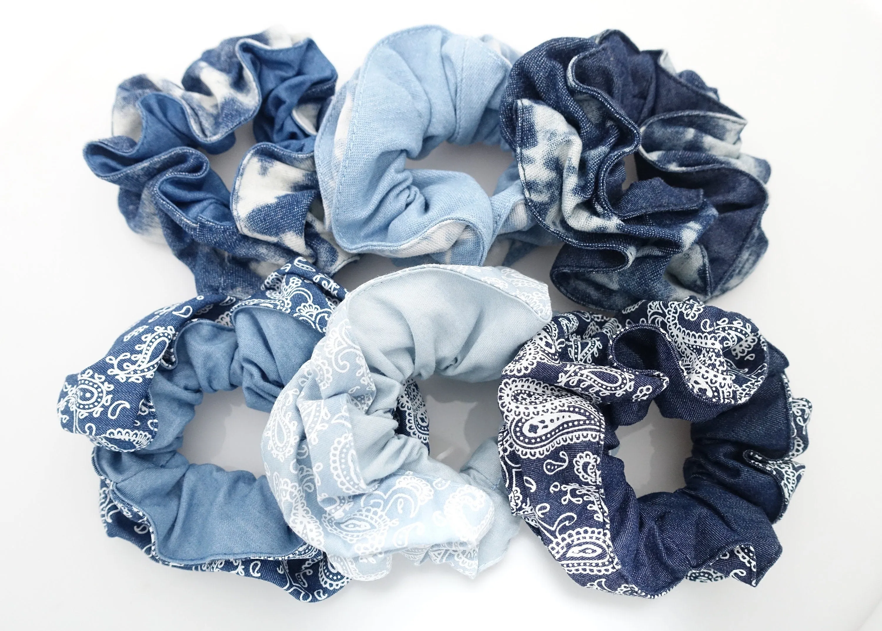 denim edge trim pattern print scrunchy cotton hair scrunchies for women
