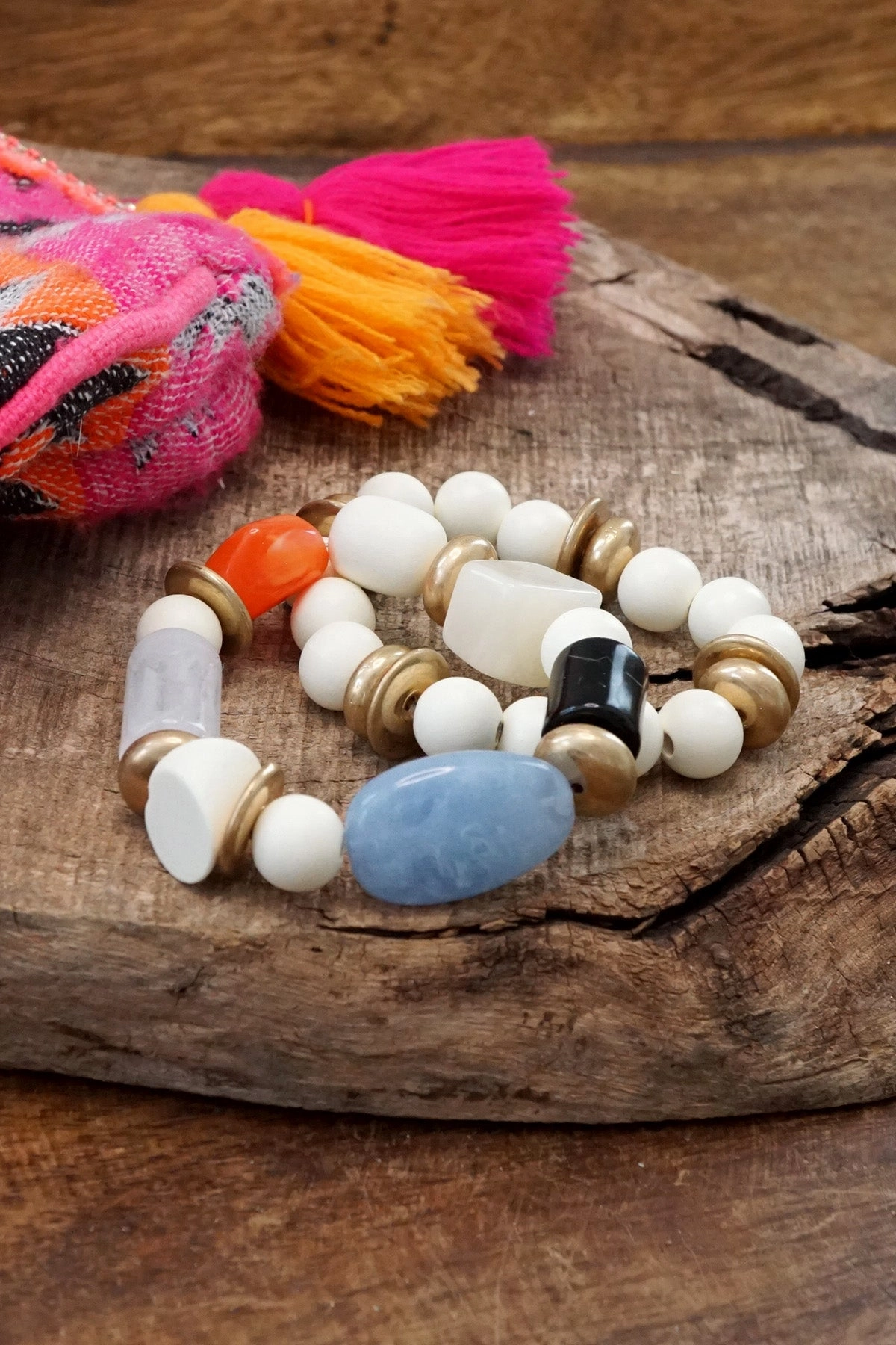 Timelessly Trendy Chunky Beaded Bracelets set Wooden Nautical Coastal Colors