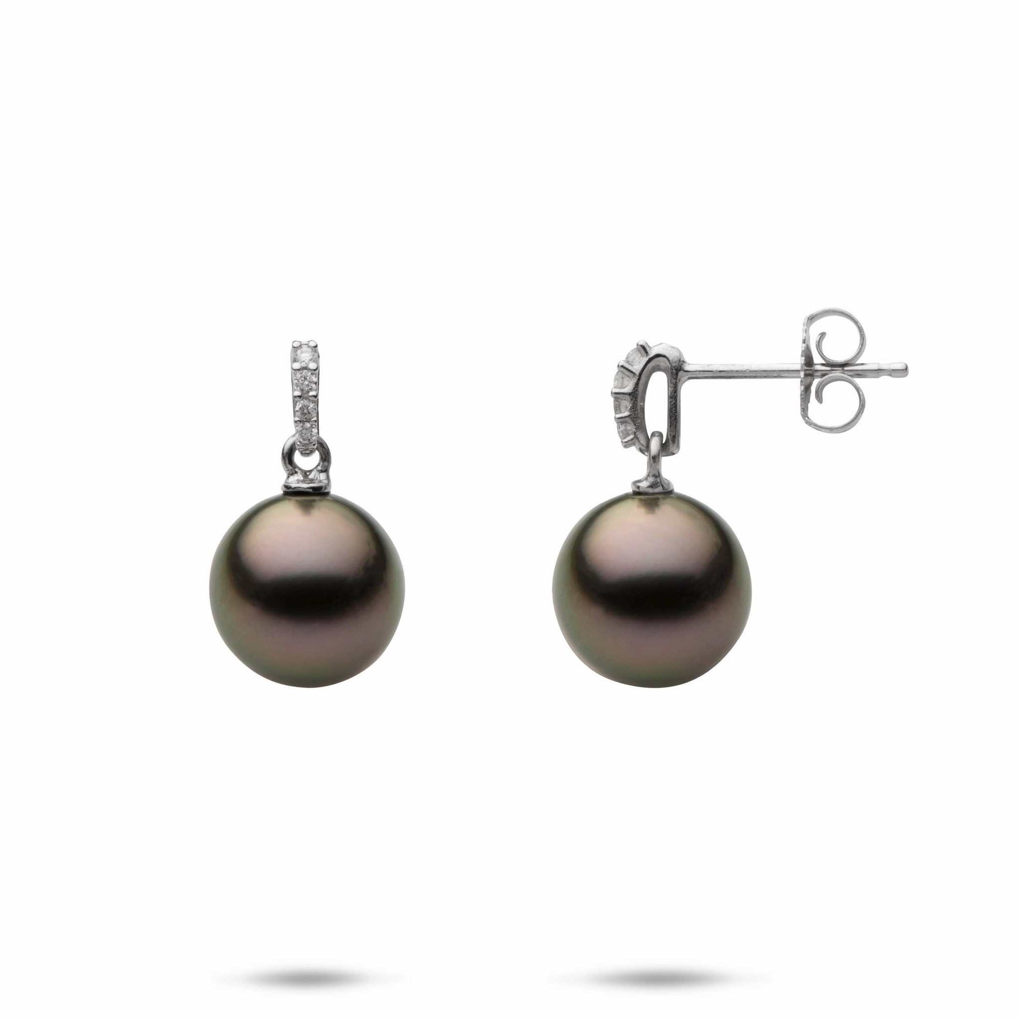 Luxe style Tahitian Black Pearl Earrings in White Gold with Diamonds - 9-10mm