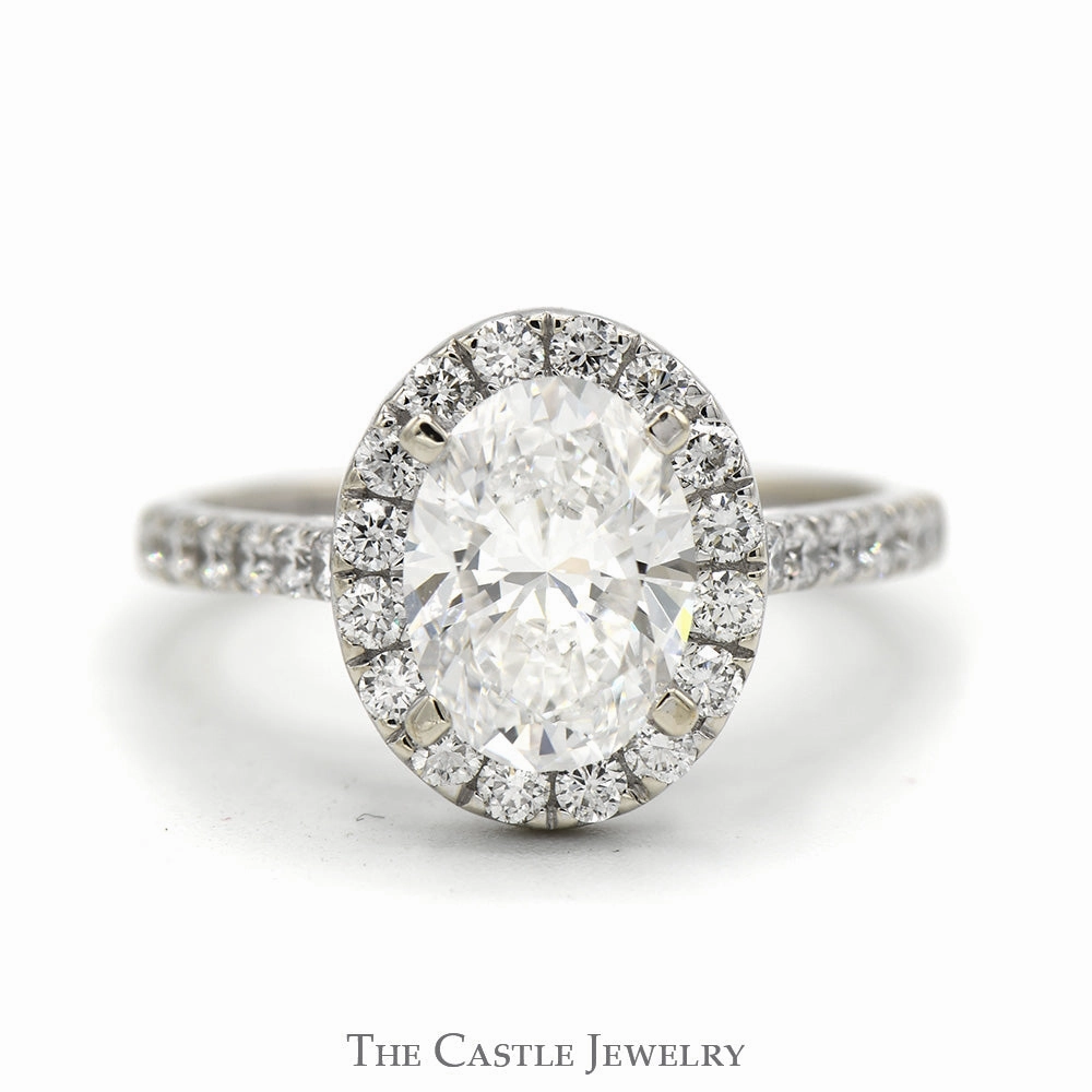 2ct Oval Lab Grown Diamond Engagement Ring with Diamond Halo & Accented Sides in 14k White Gold Handcrafted Craft