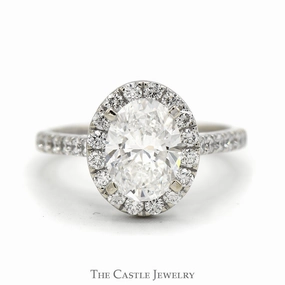 2ct Oval Lab Grown Diamond Engagement Ring with Diamond Halo & Accented Sides in 14k White Gold Handcrafted Craft