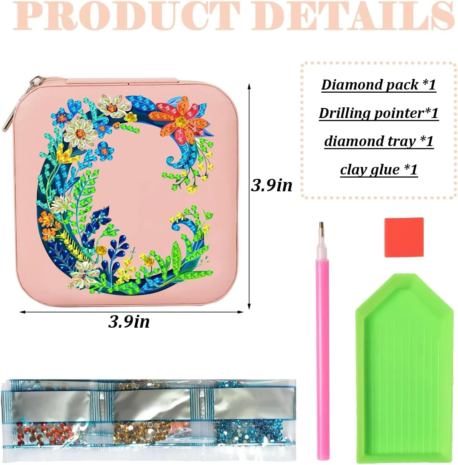 Diamond Art Jewelry Box Femal Mini Jewelry Box Earring Box Christmas Gifts Birthday Gifts for Teen Femal Women Mom Sister Friends Bestie（Letter C, Pink）