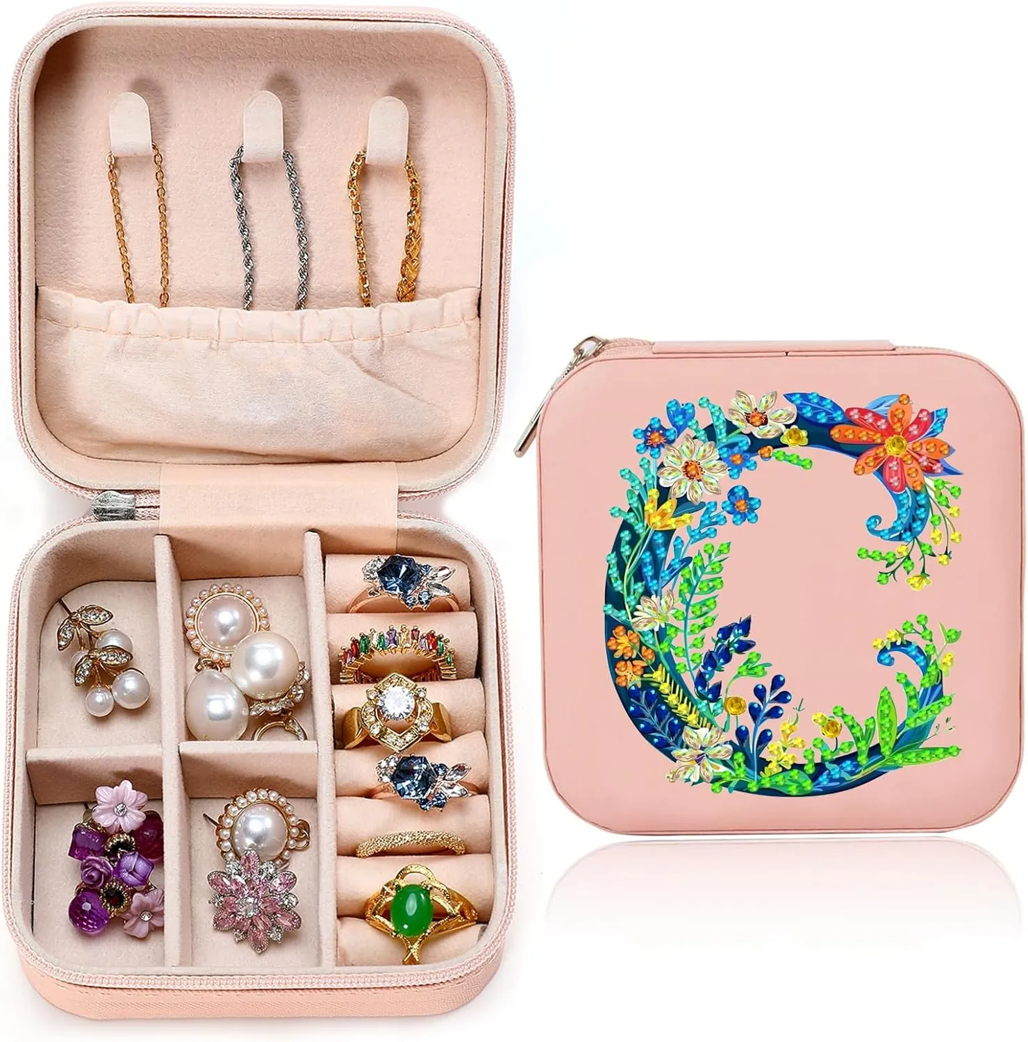 Diamond Art Jewelry Box Femal Mini Jewelry Box Earring Box Christmas Gifts Birthday Gifts for Teen Femal Women Mom Sister Friends Bestie（Letter C, Pink）