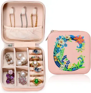 Diamond Art Jewelry Box Femal Mini Jewelry Box Earring Box Christmas Gifts Birthday Gifts for Teen Femal Women Mom Sister Friends Bestie（Letter C, Pink）