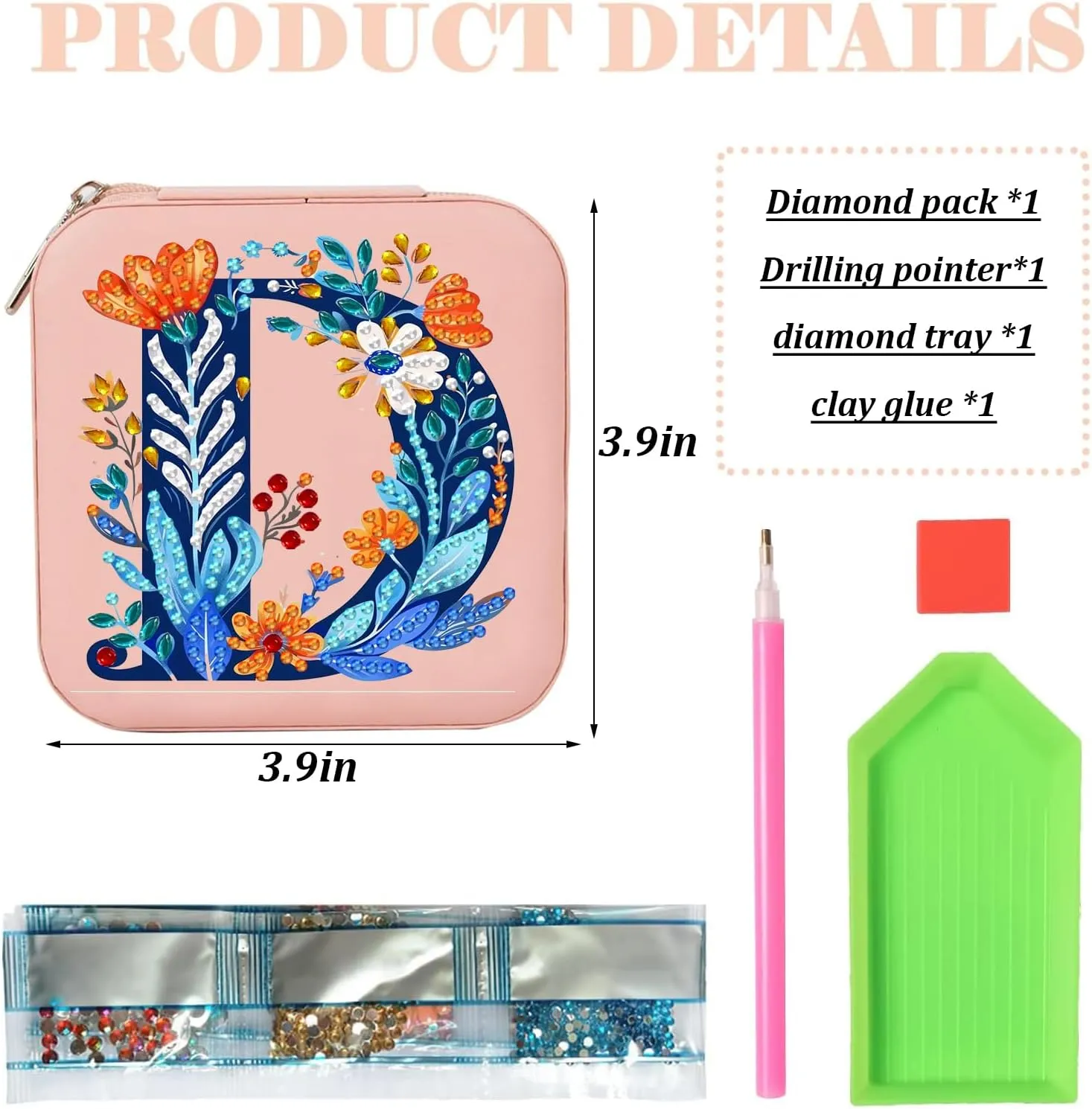 Diamond Art Jewelry Box Femal Women Mini Jewelry Box Earring Box Christmas Gifts Birthday Gifts for Adults Women Mom Sister Friends Bestie（Letter D, Pink）
